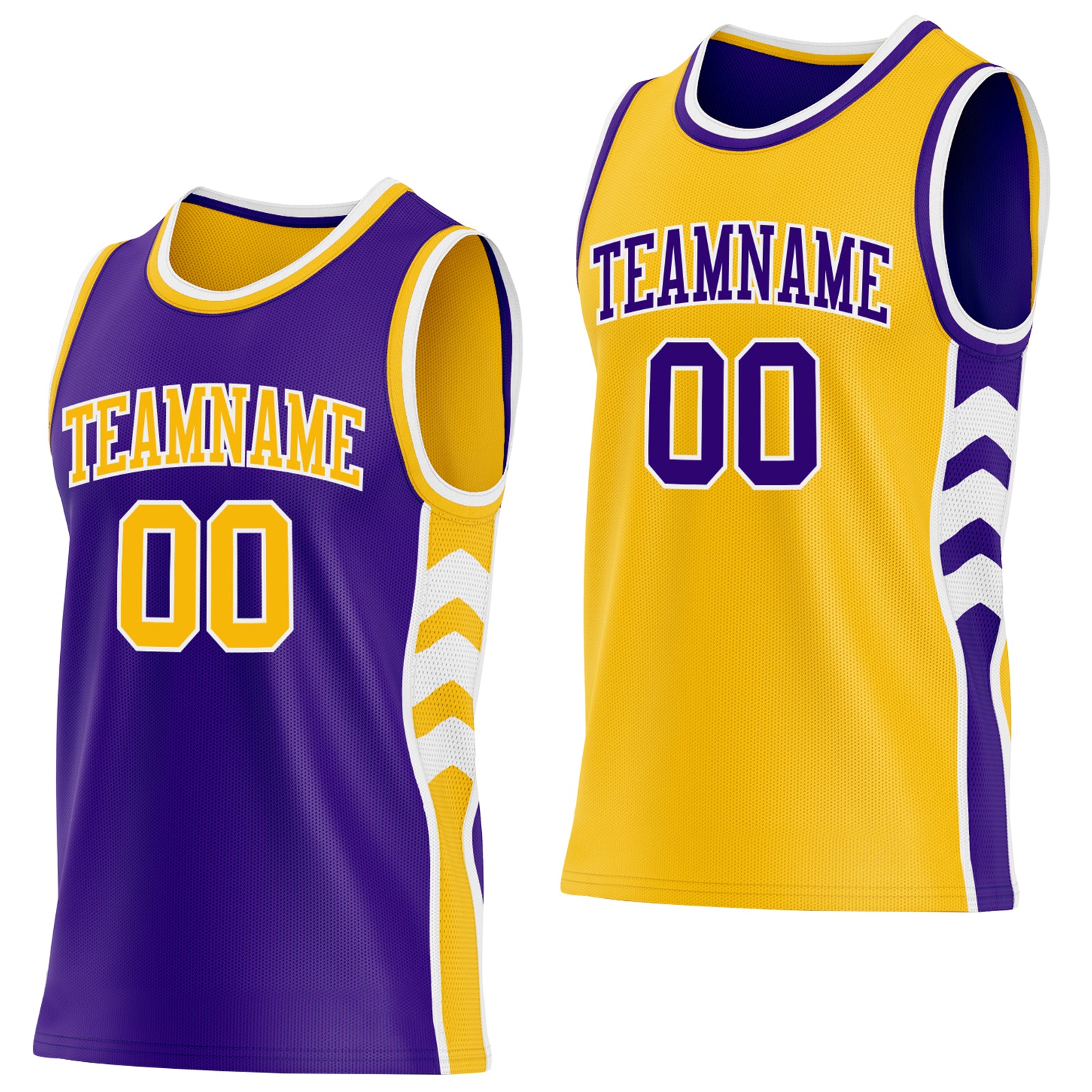 Custom Purple Gold-White Side Panel Geometric Chevron Reversible Double Side Sublimation Basketball Set Jersey