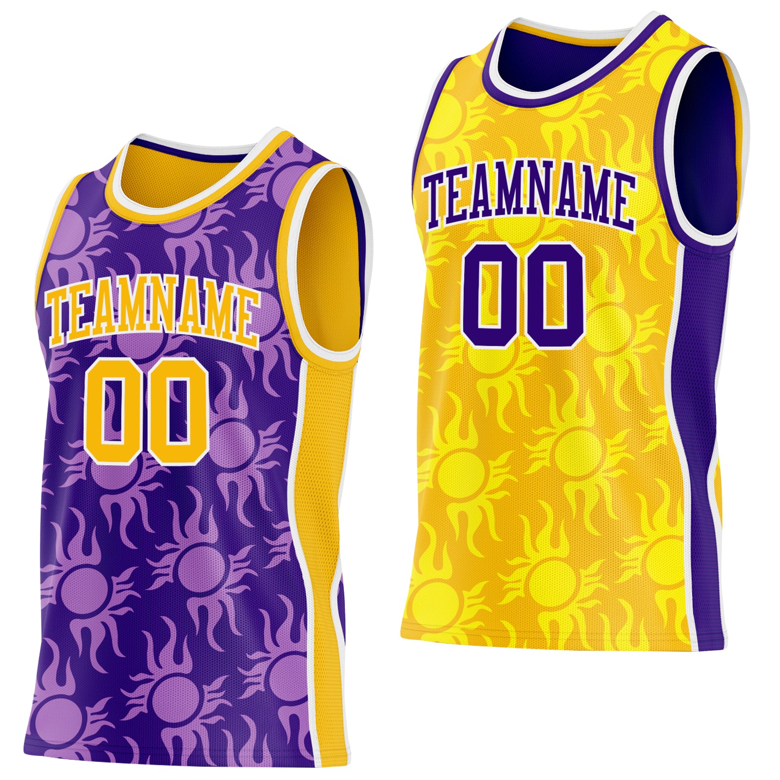 Custom Purple Gold-White Side Panel Stripe Sun Flame Reversible Double Side Sublimation Basketball Set Jersey