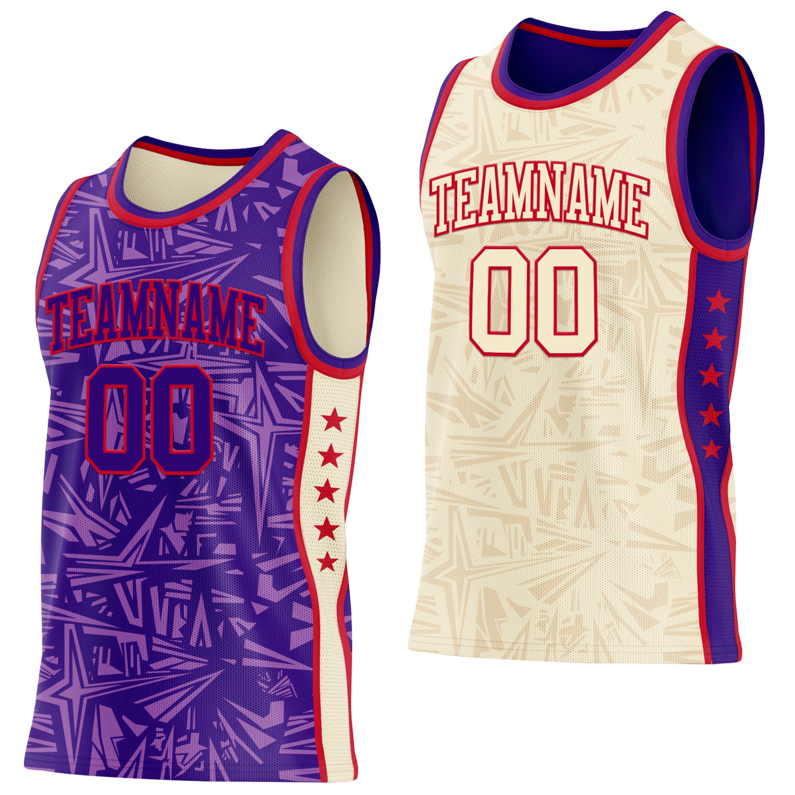 Custom Purple Red-Cream Side Panel Stripe Stars Geometric Shatter Starburst Reversible Double Side Sublimation Basketball Set Jersey