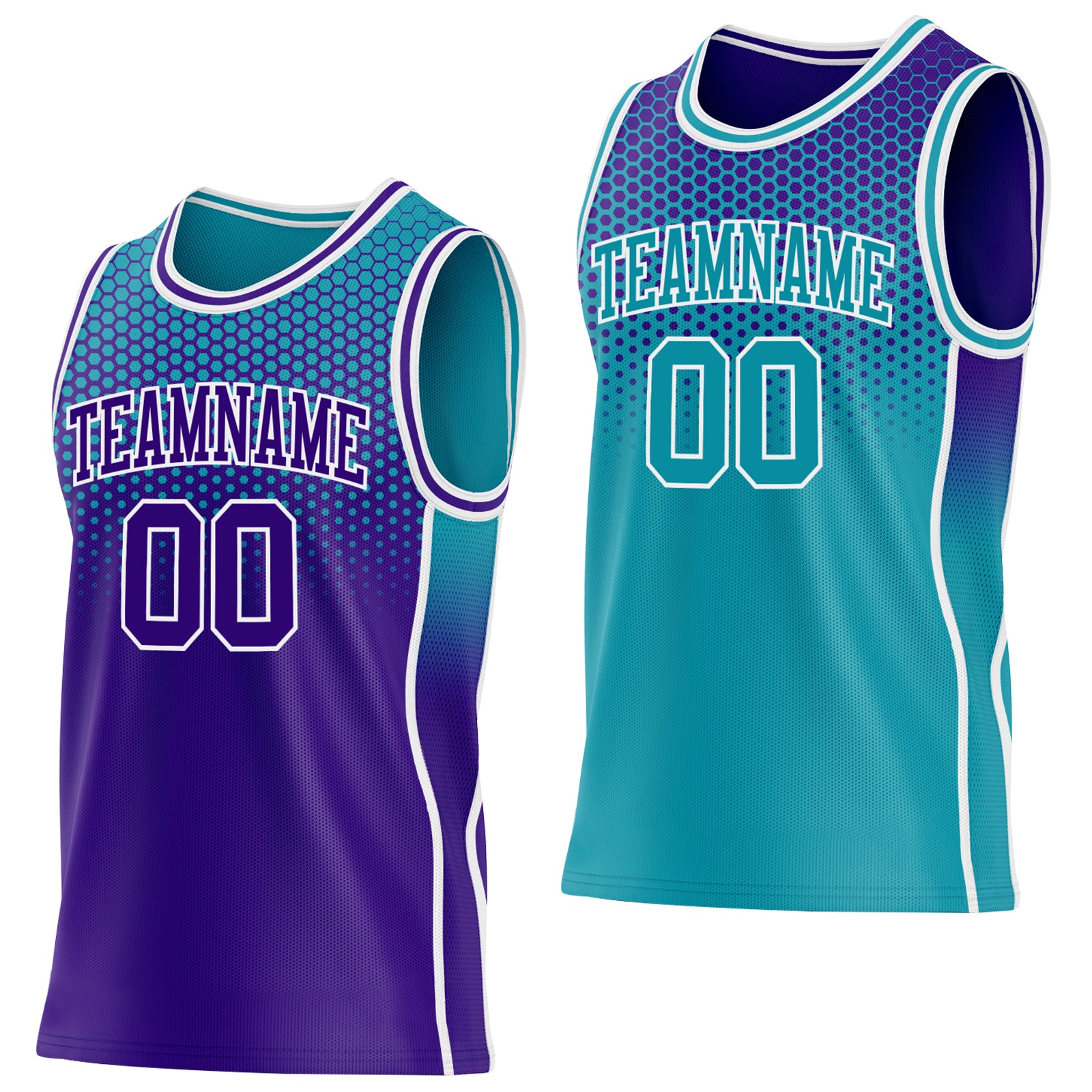 Custom Purple Teal-White Side Panel Stripe Gradient Geometric Honeycomb Reversible Double Side Sublimation Basketball Set Jersey
