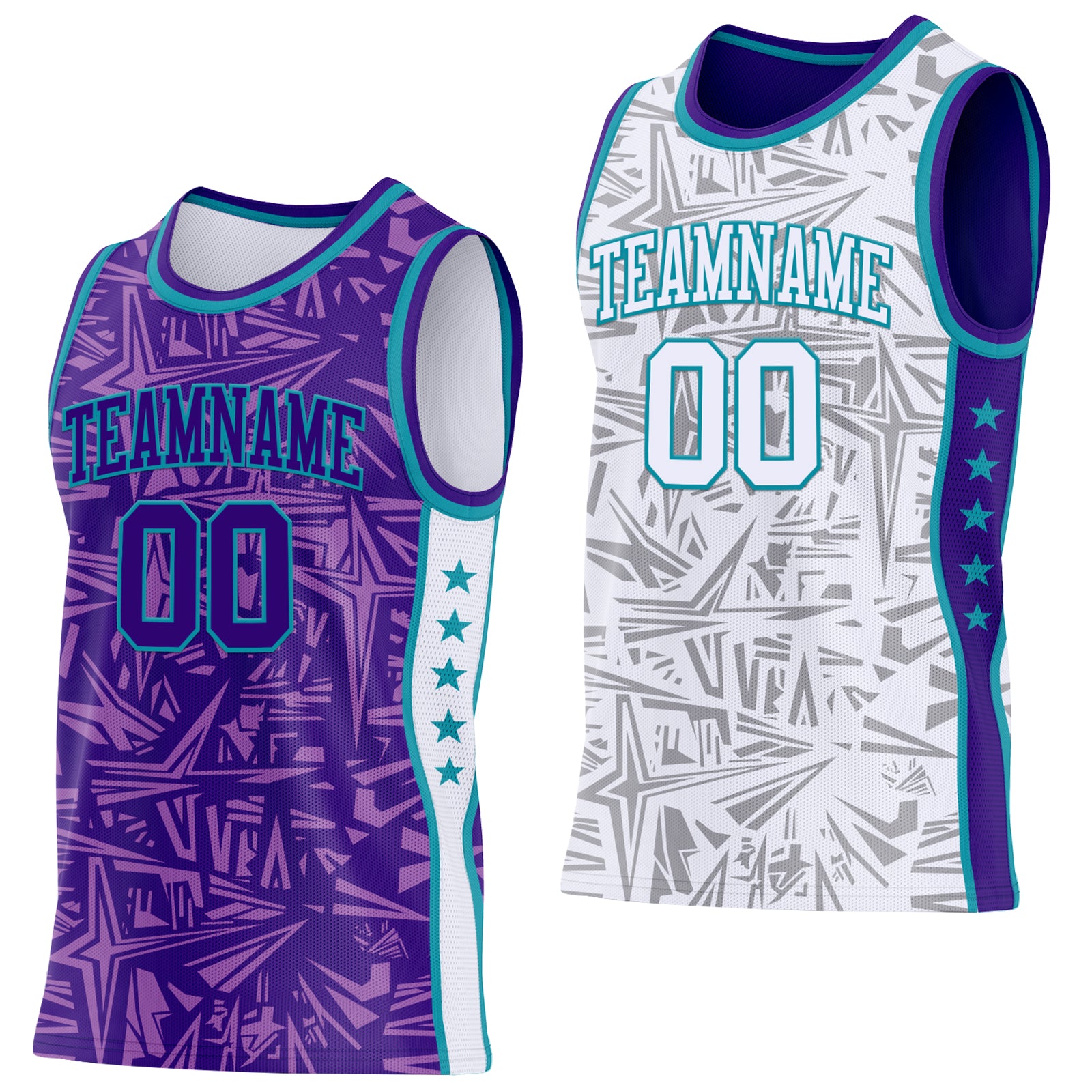 Custom Purple Teal-White Side Panel Stripe Stars Geometric Shatter Starburst Reversible Double Side Sublimation Basketball Set Jersey
