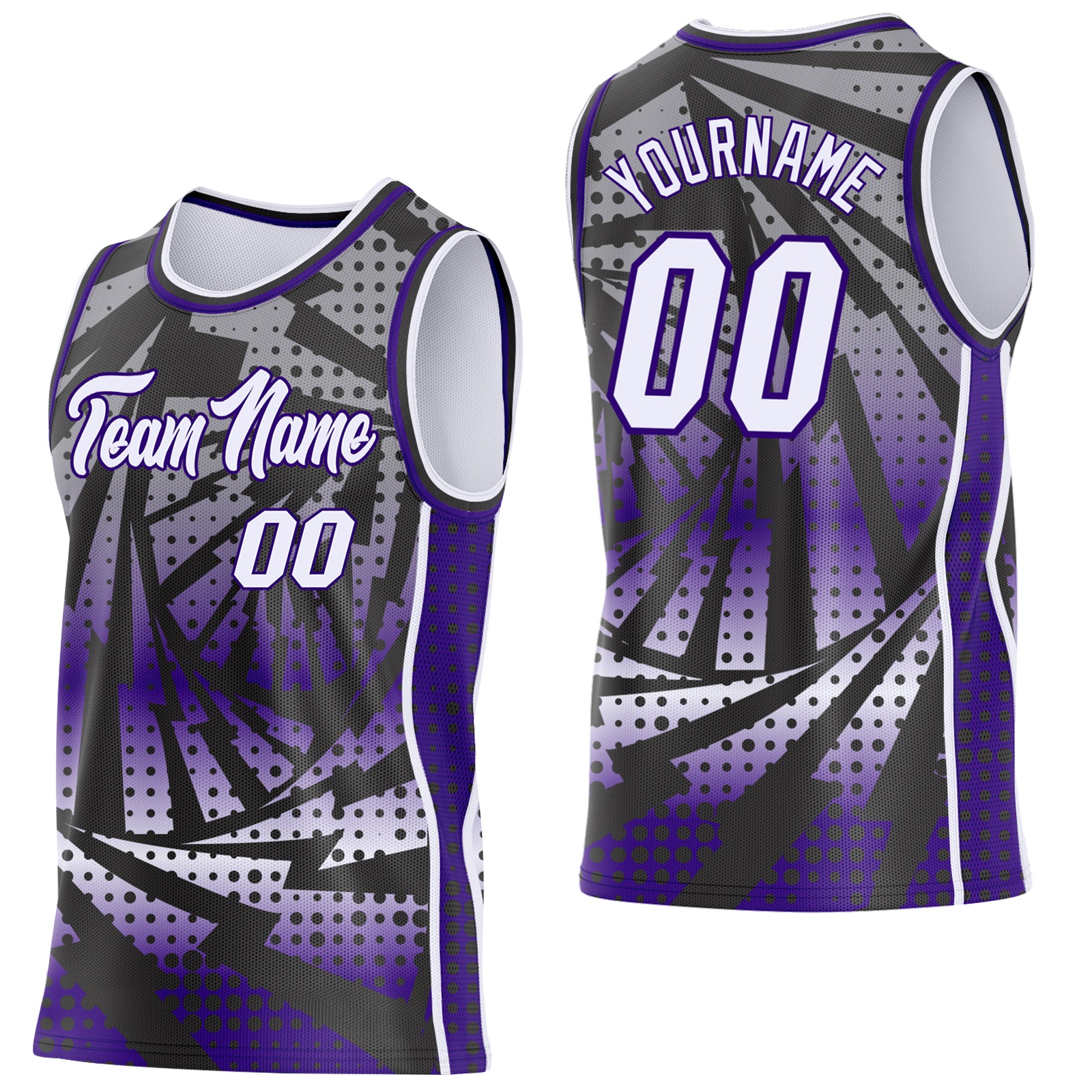 Custom Purple White-Black Lightning Gradient Dot Side Panel Stripe Round Neck Sublimation Basketball Set Jersey