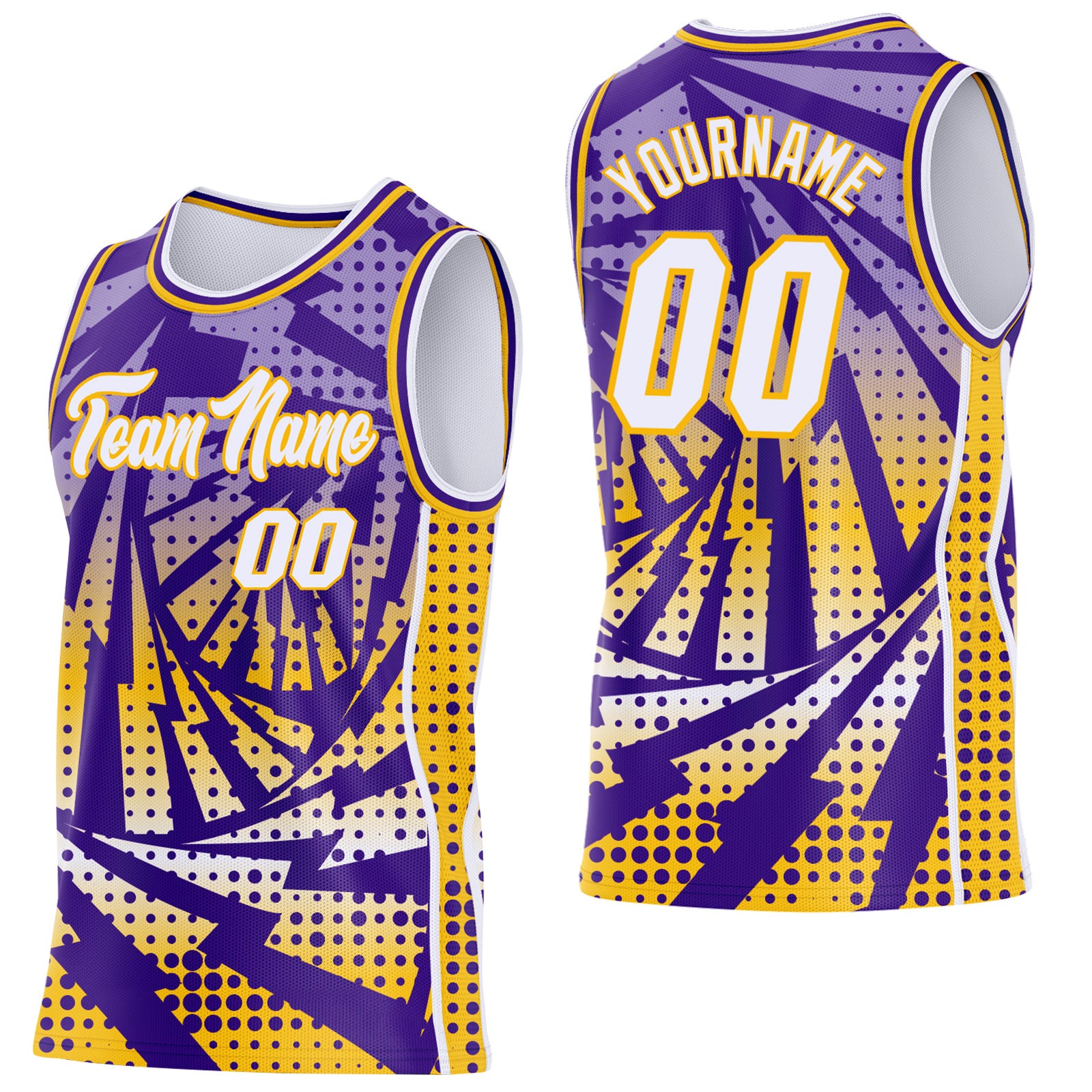 Custom Purple White-Gold Lightning Gradient Dot Side Panel Stripe Round Neck Sublimation Basketball Set Jersey