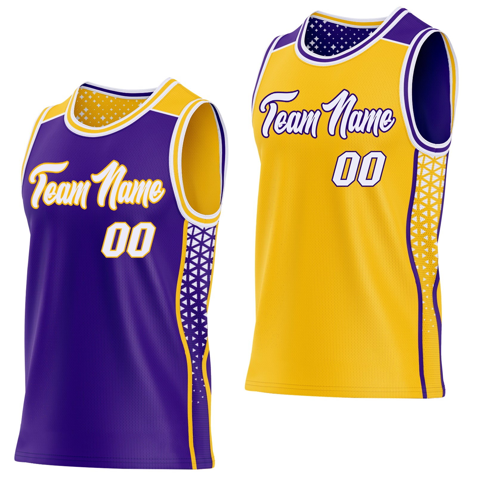 Custom Purple White-Gold Side Panel Stripe Geometric Triangle Gradient Dot Reversible Double Side Sublimation Basketball Set Jersey
