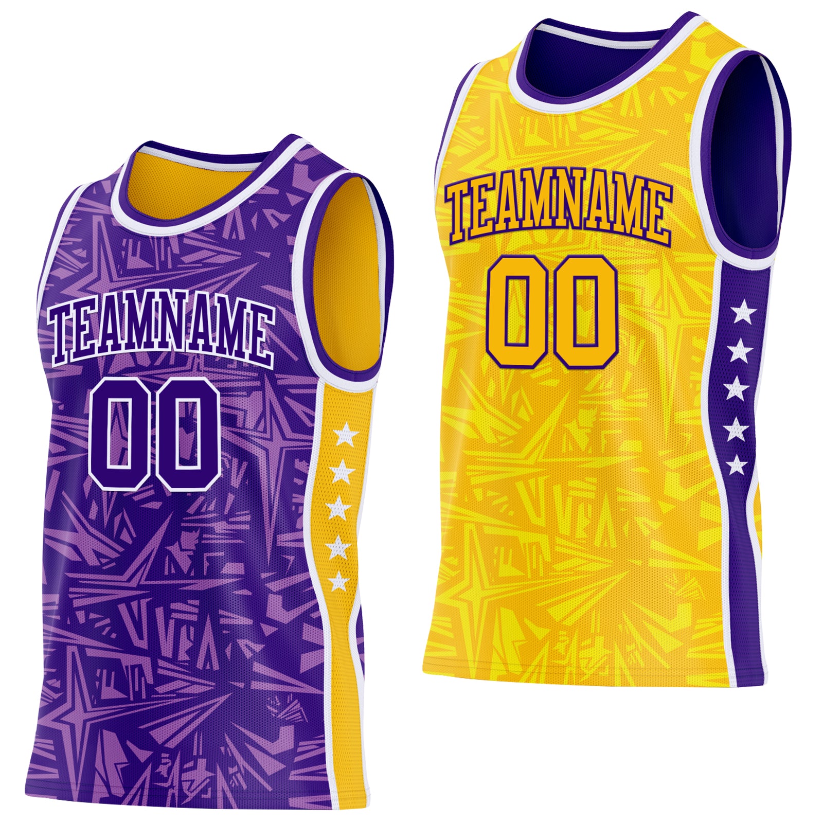 Custom Purple White-Gold Side Panel Stripe Stars Geometric Shatter Starburst Reversible Double Side Sublimation Basketball Set Jersey