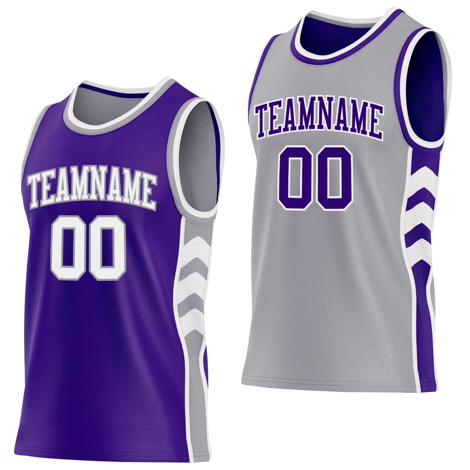 Custom Purple White-Gray Side Panel Geometric Chevron Reversible Double Side Sublimation Basketball Set Jersey