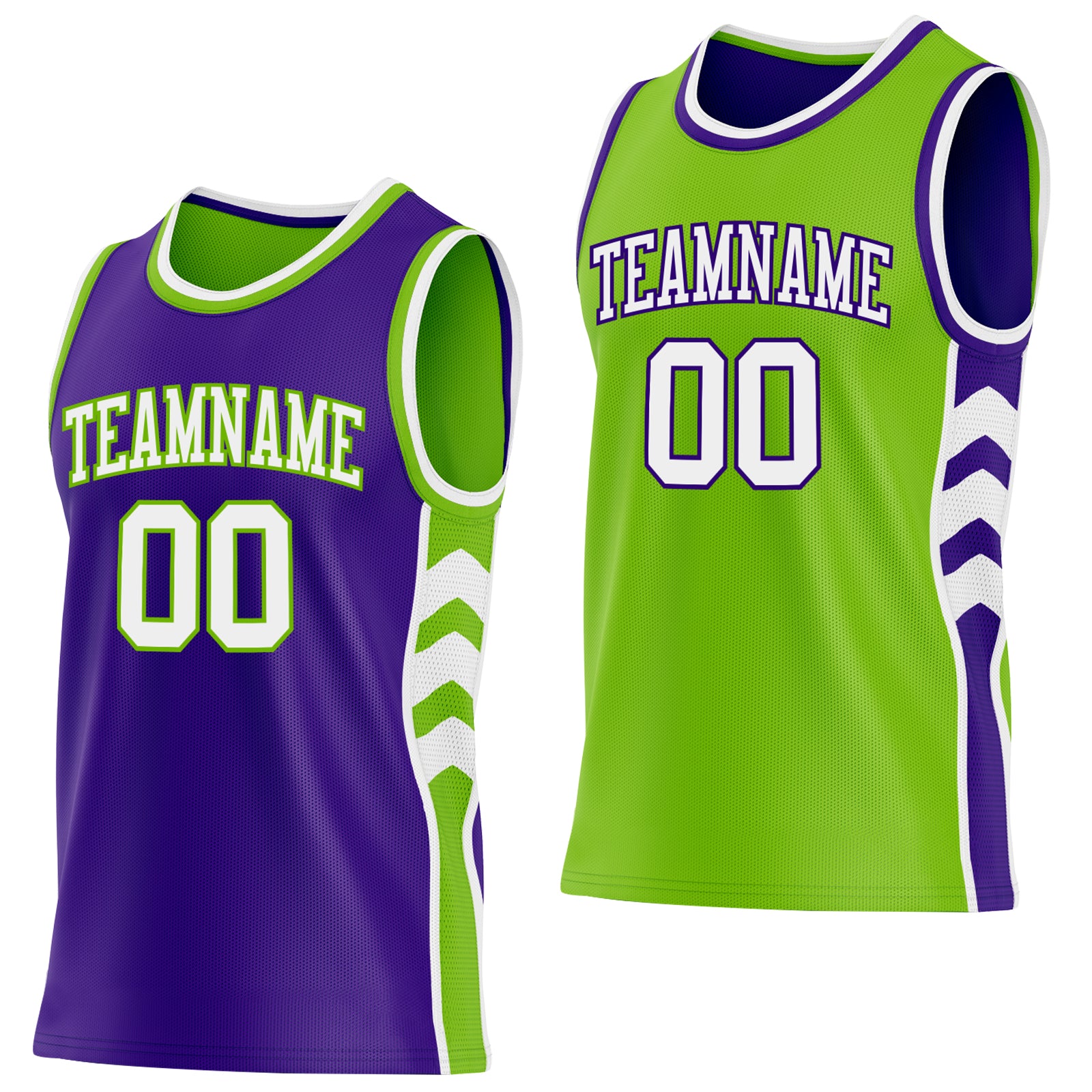 Custom Purple White-Neon Green Side Panel Geometric Chevron Reversible Double Side Sublimation Basketball Set Jersey