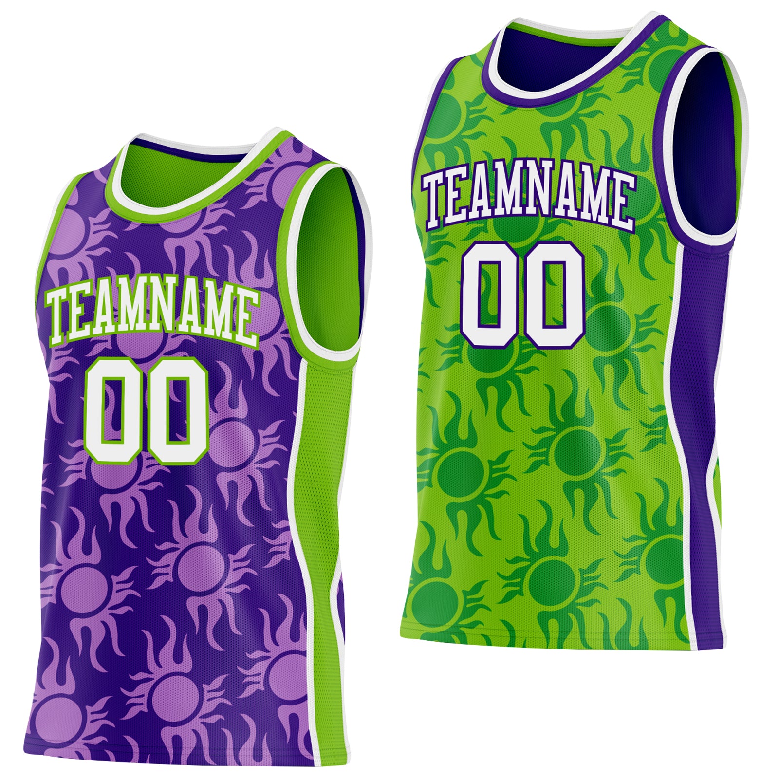 Custom Purple White-Neon Green Side Panel Stripe Sun Flame Reversible Double Side Sublimation Basketball Set Jersey