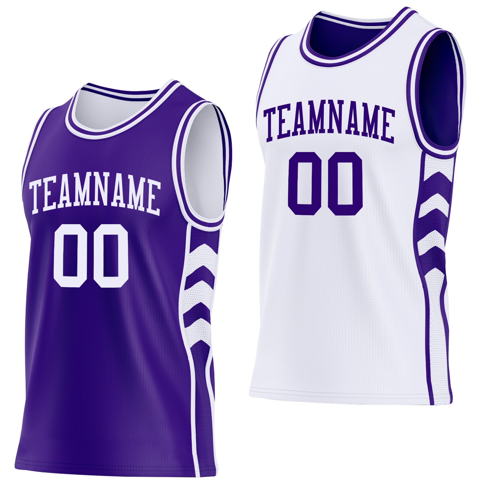 Custom Purple-White Side Panel Geometric Chevron Reversible Double Side Sublimation Basketball Set Jersey