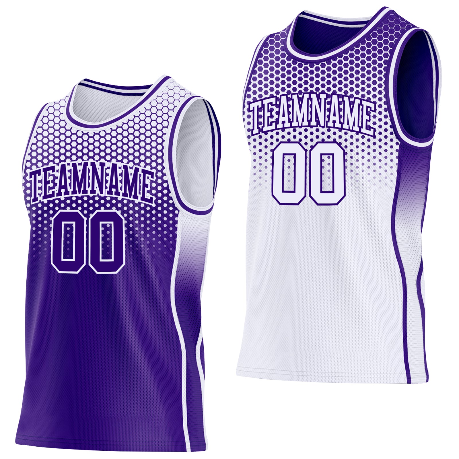 Custom Purple-White Side Panel Stripe Gradient Geometric Honeycomb Reversible Double Side Sublimation Basketball Set Jersey