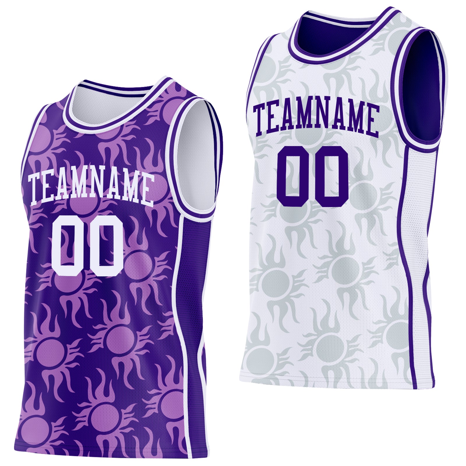 Custom Purple-White Side Panel Stripe Sun Flame Reversible Double Side Sublimation Basketball Set Jersey