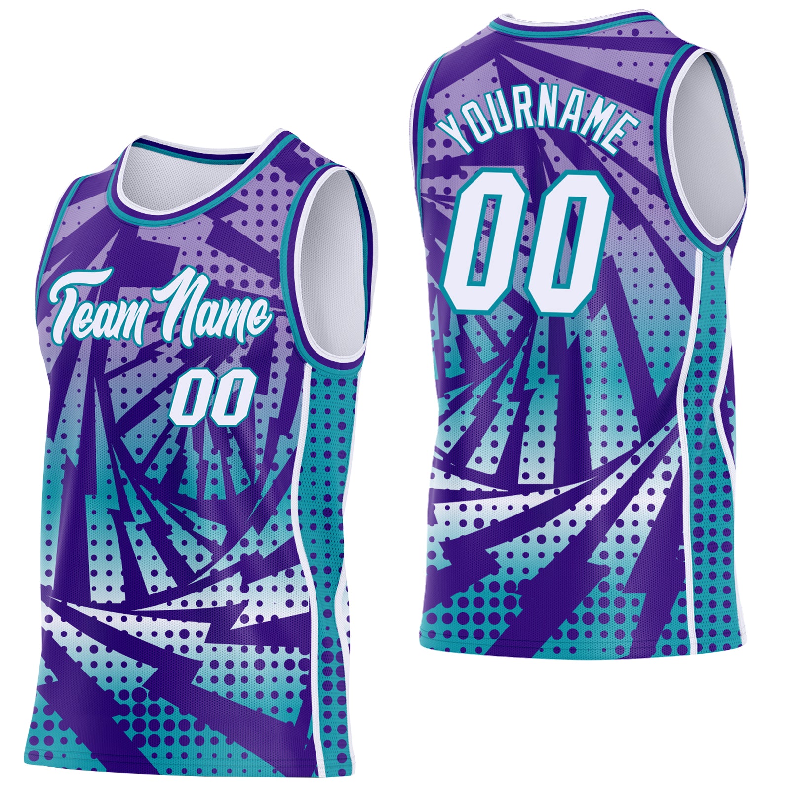Custom Purple White-Teal Lightning Gradient Dot Side Panel Stripe Round Neck Sublimation Basketball Set Jersey