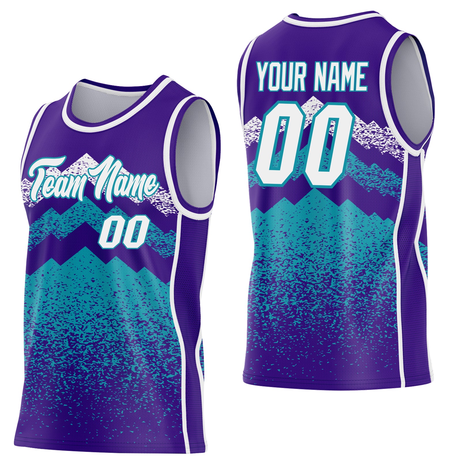 Custom Purple White-Teal Mountain Peak Shards Side Panel Stripe Round Neck Sublimation Basketball Set Jersey