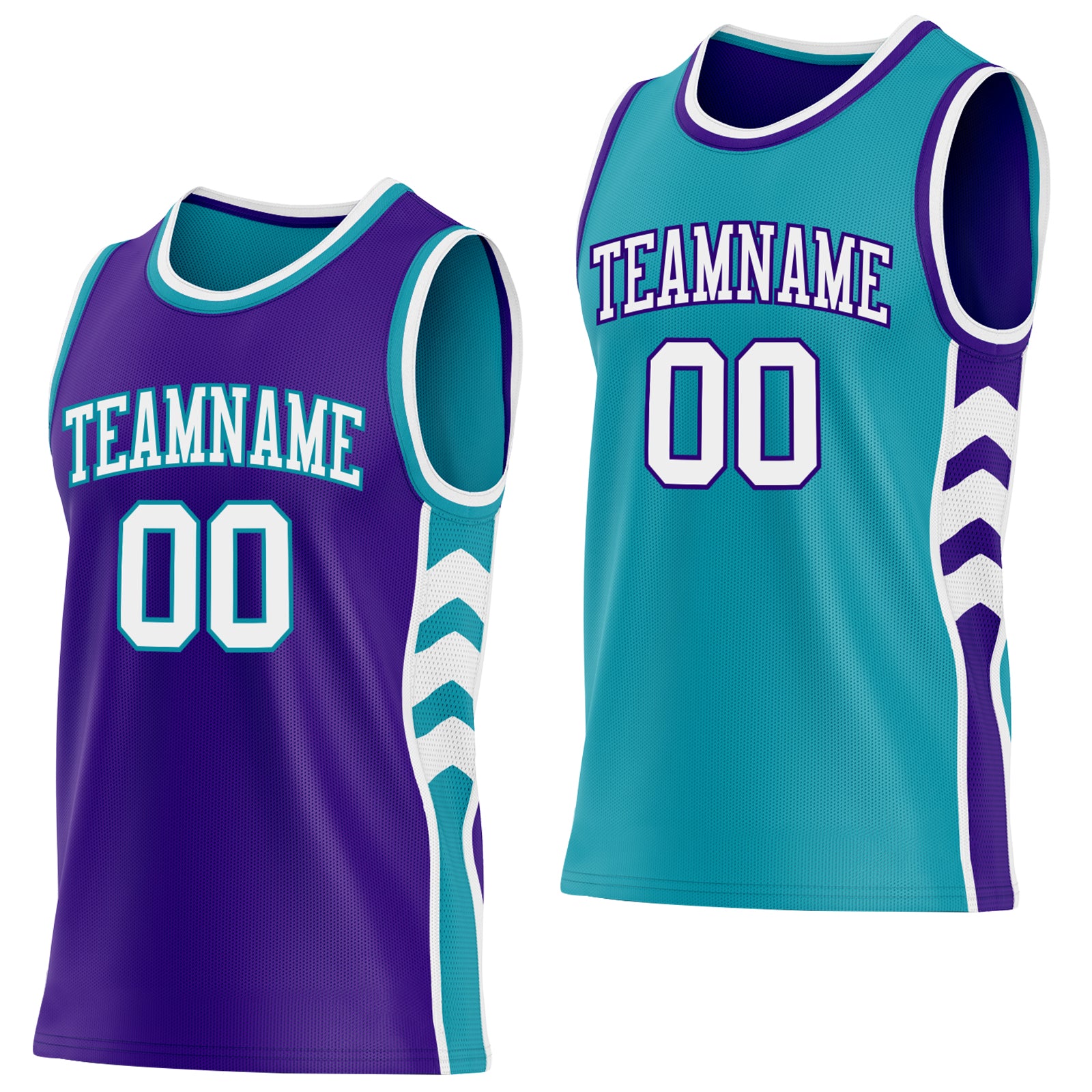 Custom Purple White-Teal Side Panel Geometric Chevron Reversible Double Side Sublimation Basketball Set Jersey
