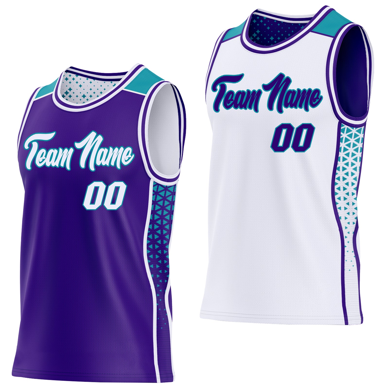 Custom Purple White-Teal Side Panel Stripe Geometric Triangle Gradient Dot Reversible Double Side Sublimation Basketball Set Jersey