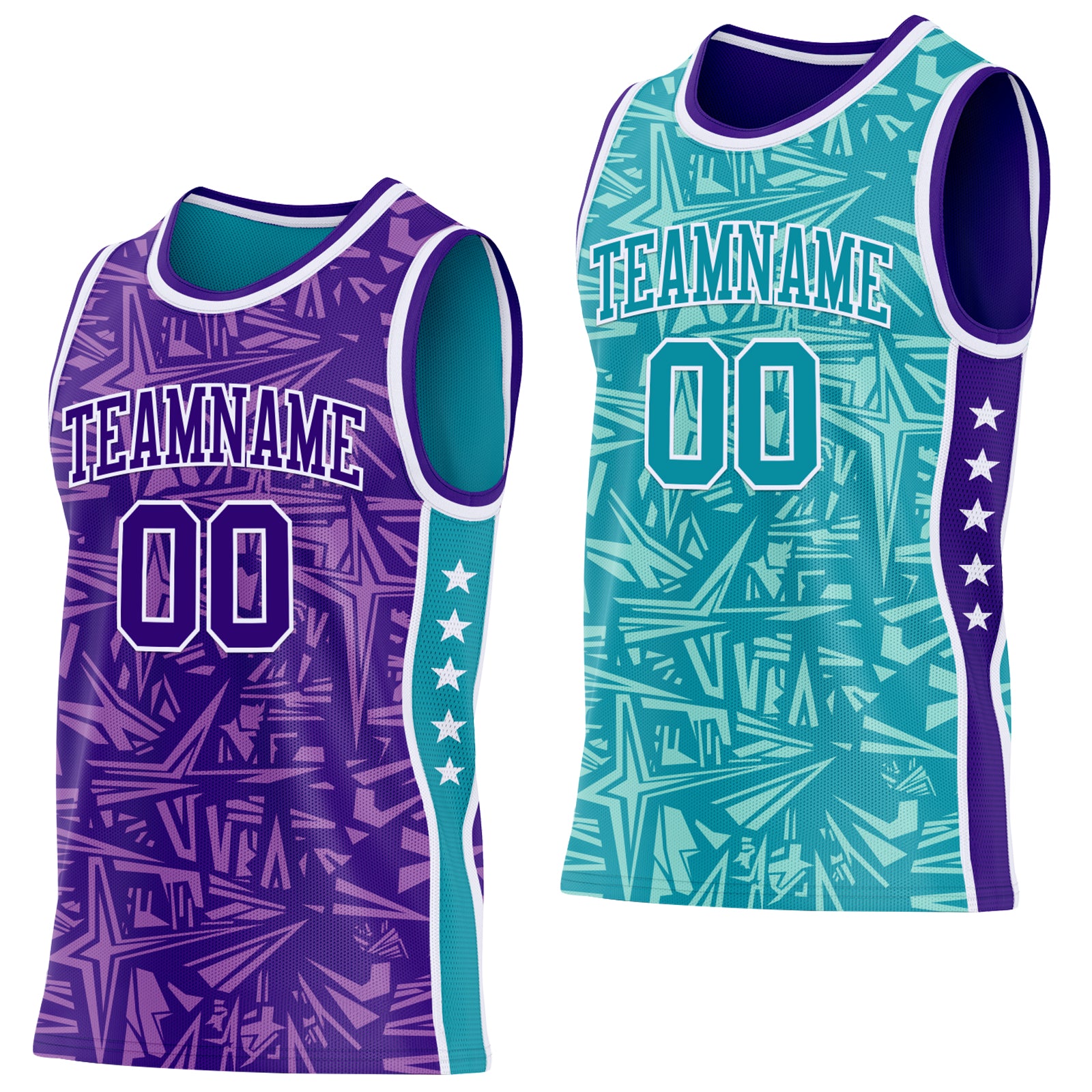 Custom Purple White-Teal Side Panel Stripe Stars Geometric Shatter Starburst Reversible Double Side Sublimation Basketball Set Jersey