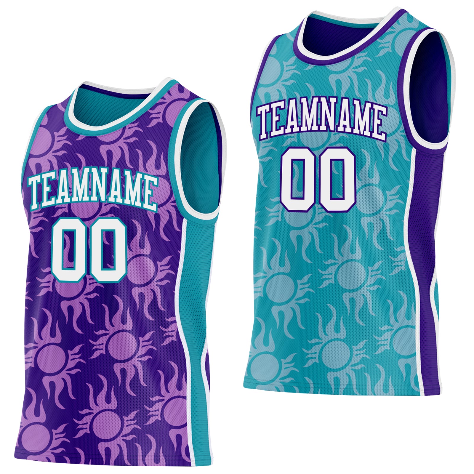Custom Purple White-Teal Side Panel Stripe Sun Flame Reversible Double Side Sublimation Basketball Set Jersey