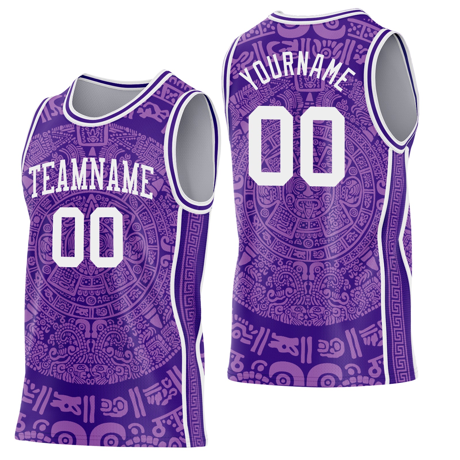 Custom Purple-White Tribal Ethnic Aztec Sun Stone Side Panel Stripe Round Neck Sublimation Basketball Set Jersey
