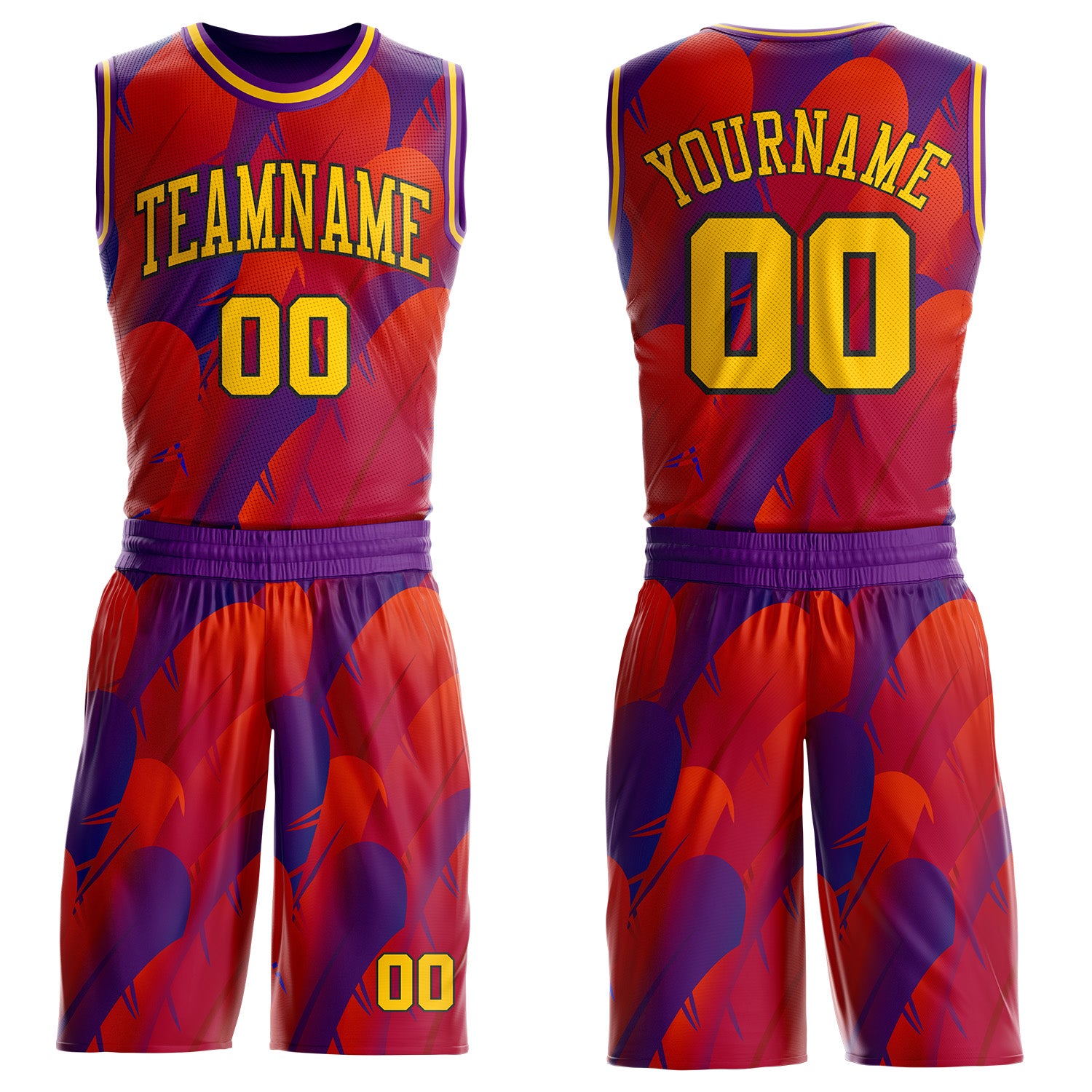 Custom Purple Yellow Red-Black Feather Wing Boho Style Round Neck Sublimation Basketball Uniform Jersey