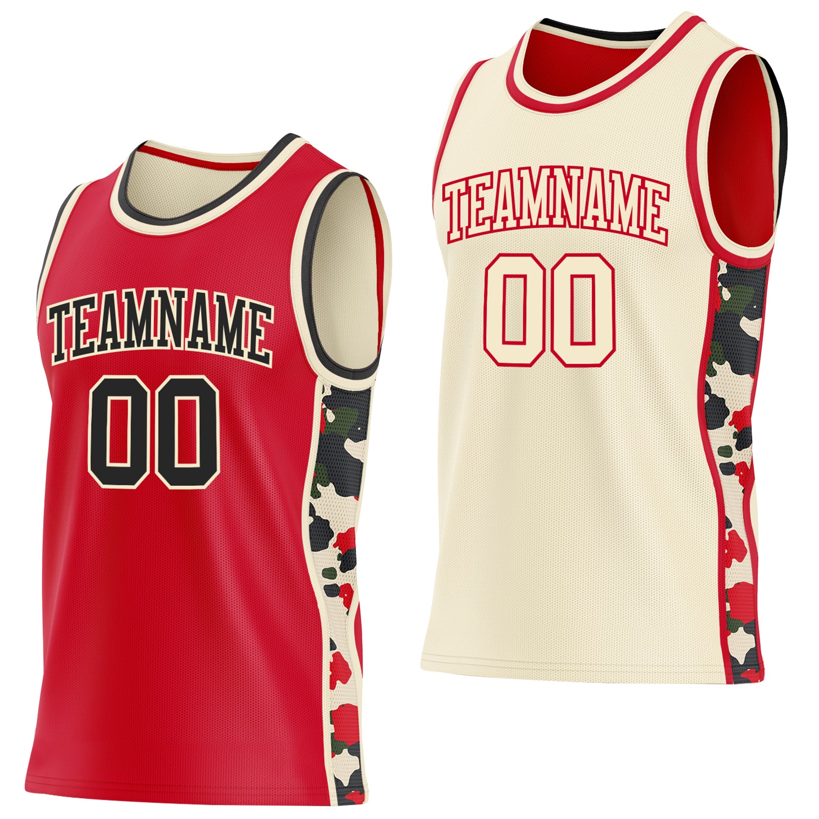 Custom Red Black-Cream Camo Side Panel Stripe Reversible Double Side Sublimation Basketball Set Jersey