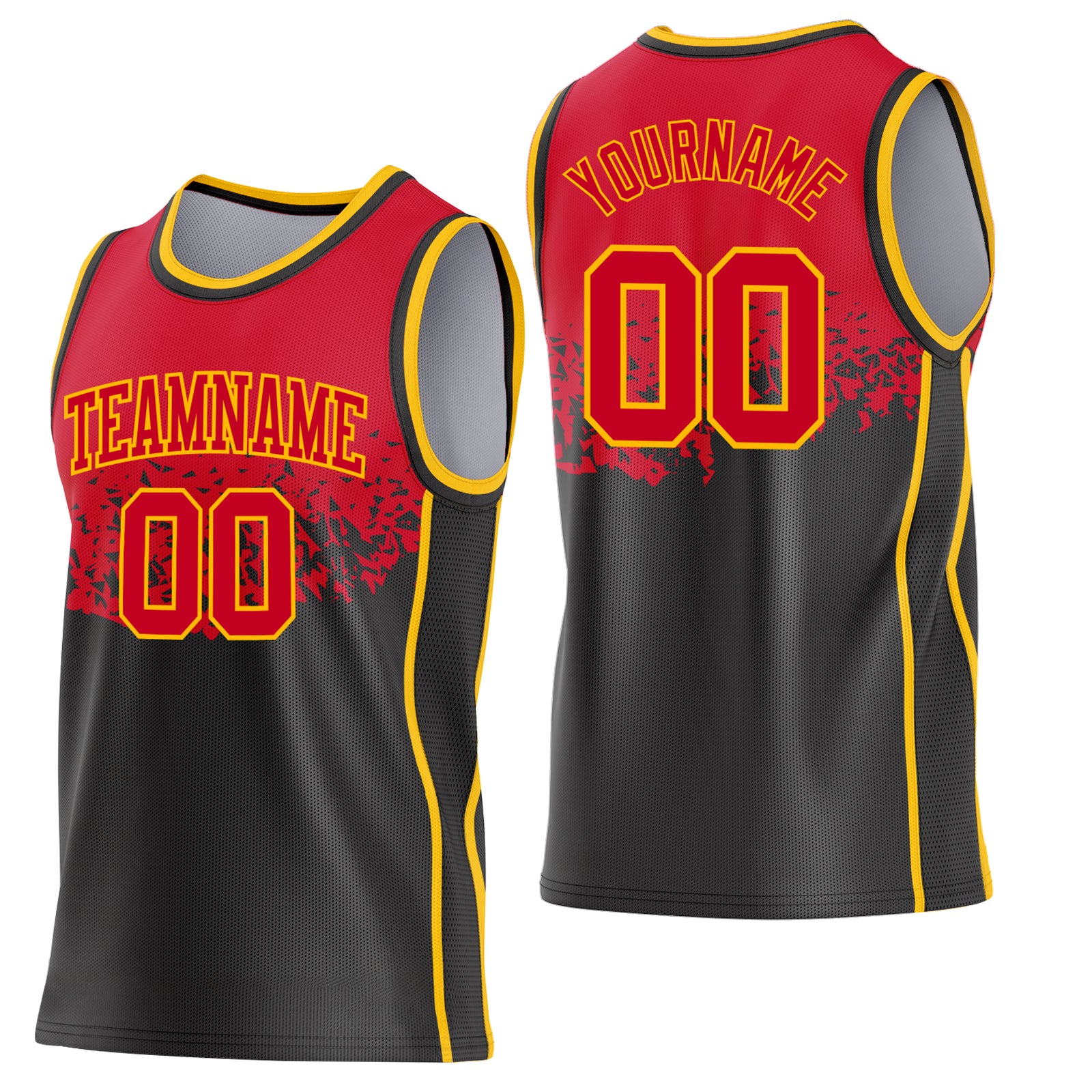 Custom Red Black-Gold Shattered Geometric Side Panel Stripe Round Neck Sublimation Basketball Set Jersey