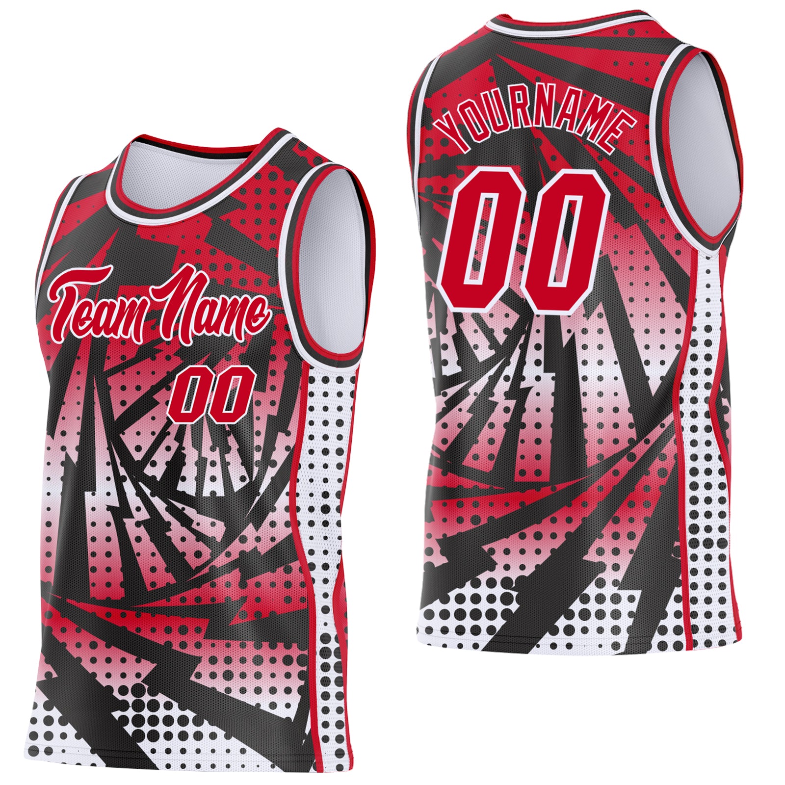Custom Red Black-White Lightning Gradient Dot Side Panel Stripe Round Neck Sublimation Basketball Set Jersey