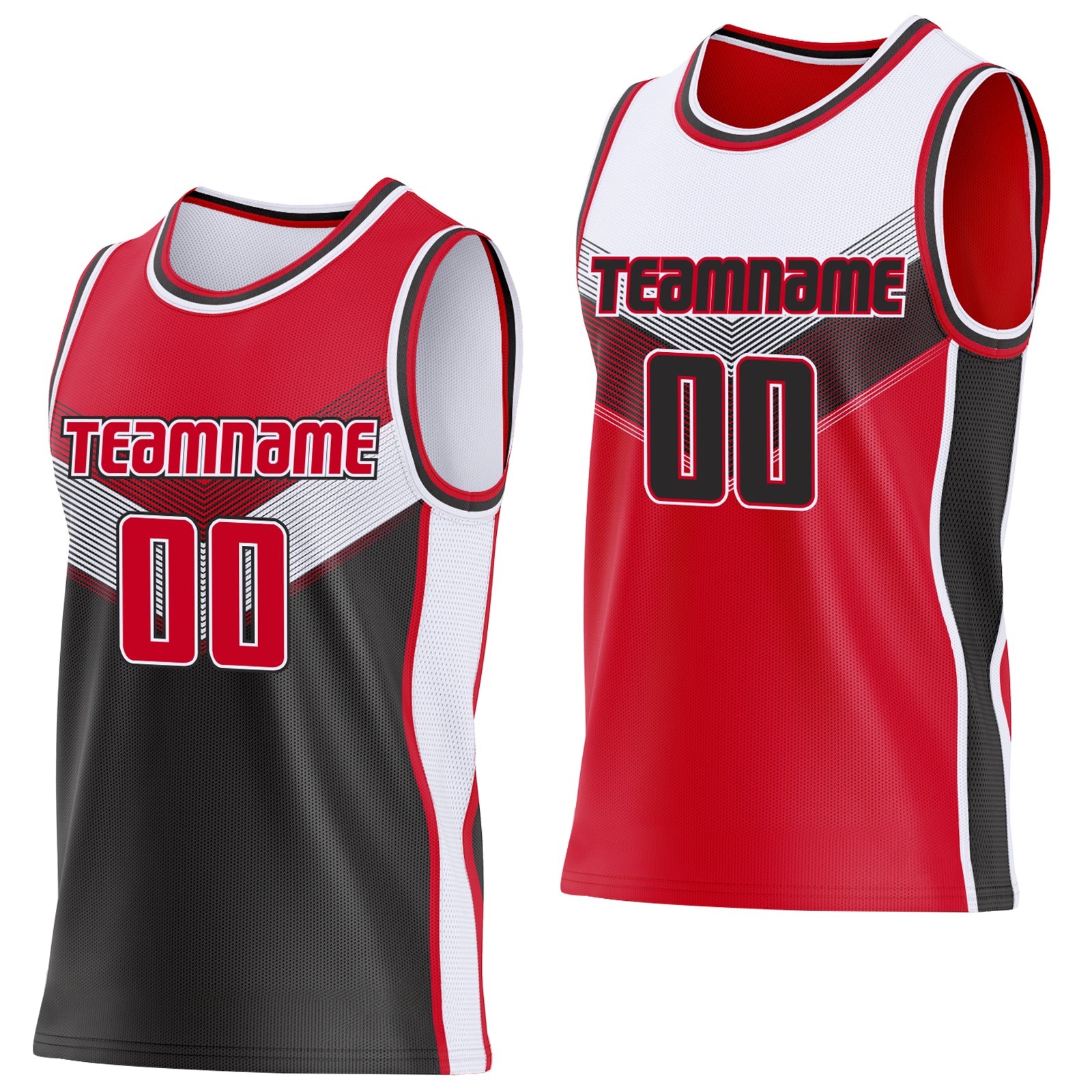 Custom Red Black-White Side Panel Stripe Geometric V-Cut Color Block Reversible Double Side Sublimation Basketball Set Jersey