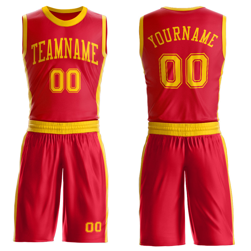 Custom Red Gold Round Neck Suit Basketball Jersey