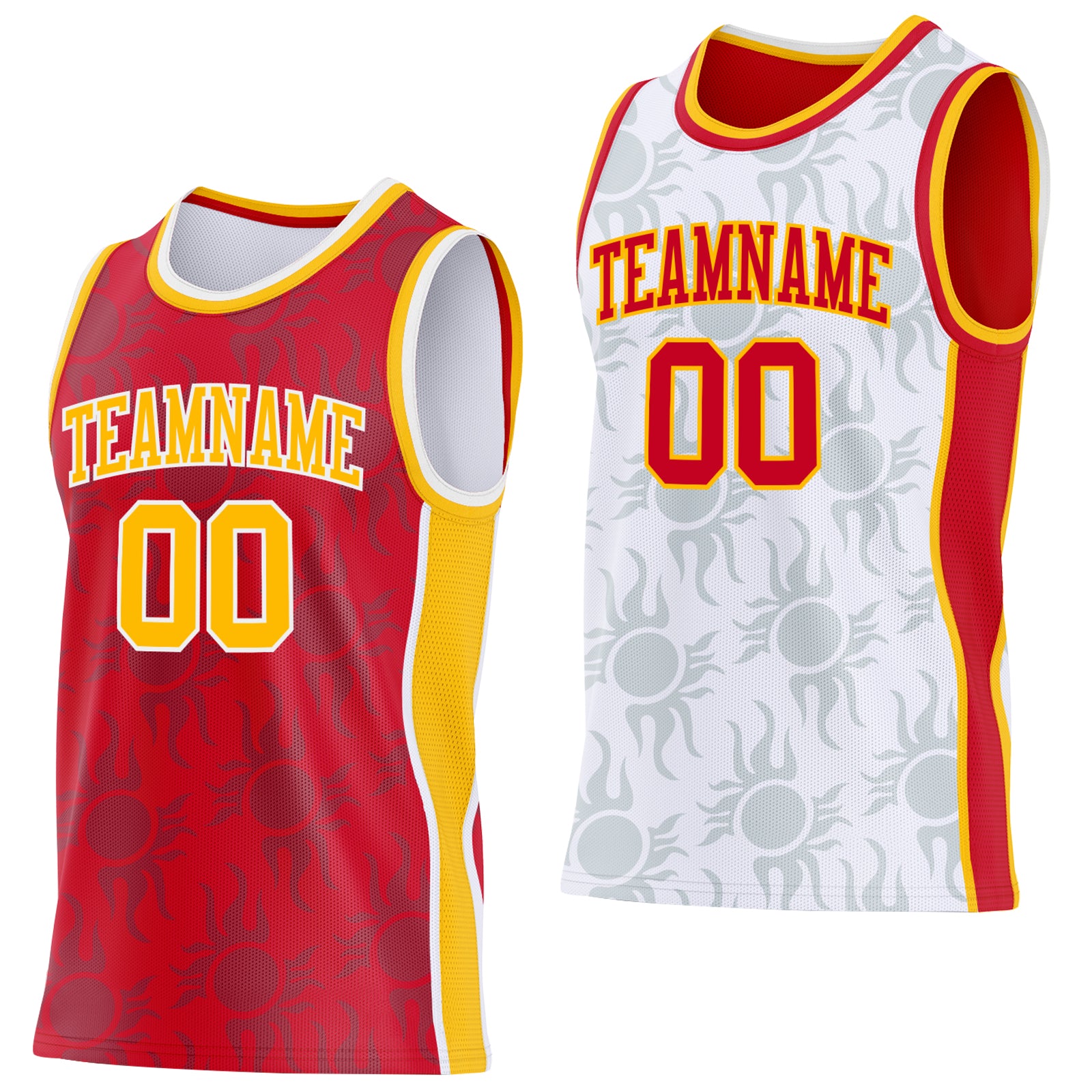 Custom Red Gold-White Side Panel Stripe Sun Flame Reversible Double Side Sublimation Basketball Set Jersey