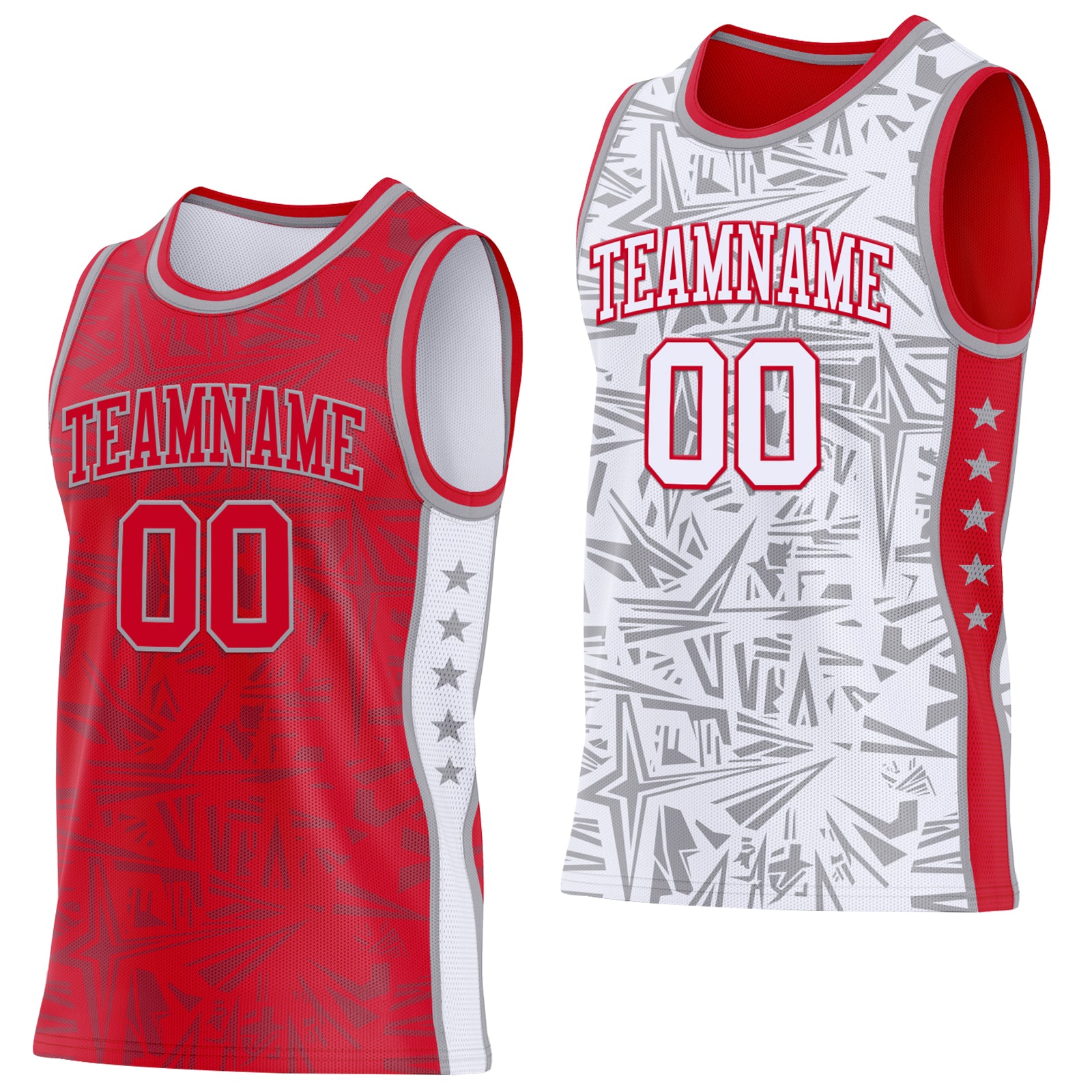 Custom Red Gray-White Side Panel Stripe Stars Geometric Shatter Starburst Reversible Double Side Sublimation Basketball Set Jersey