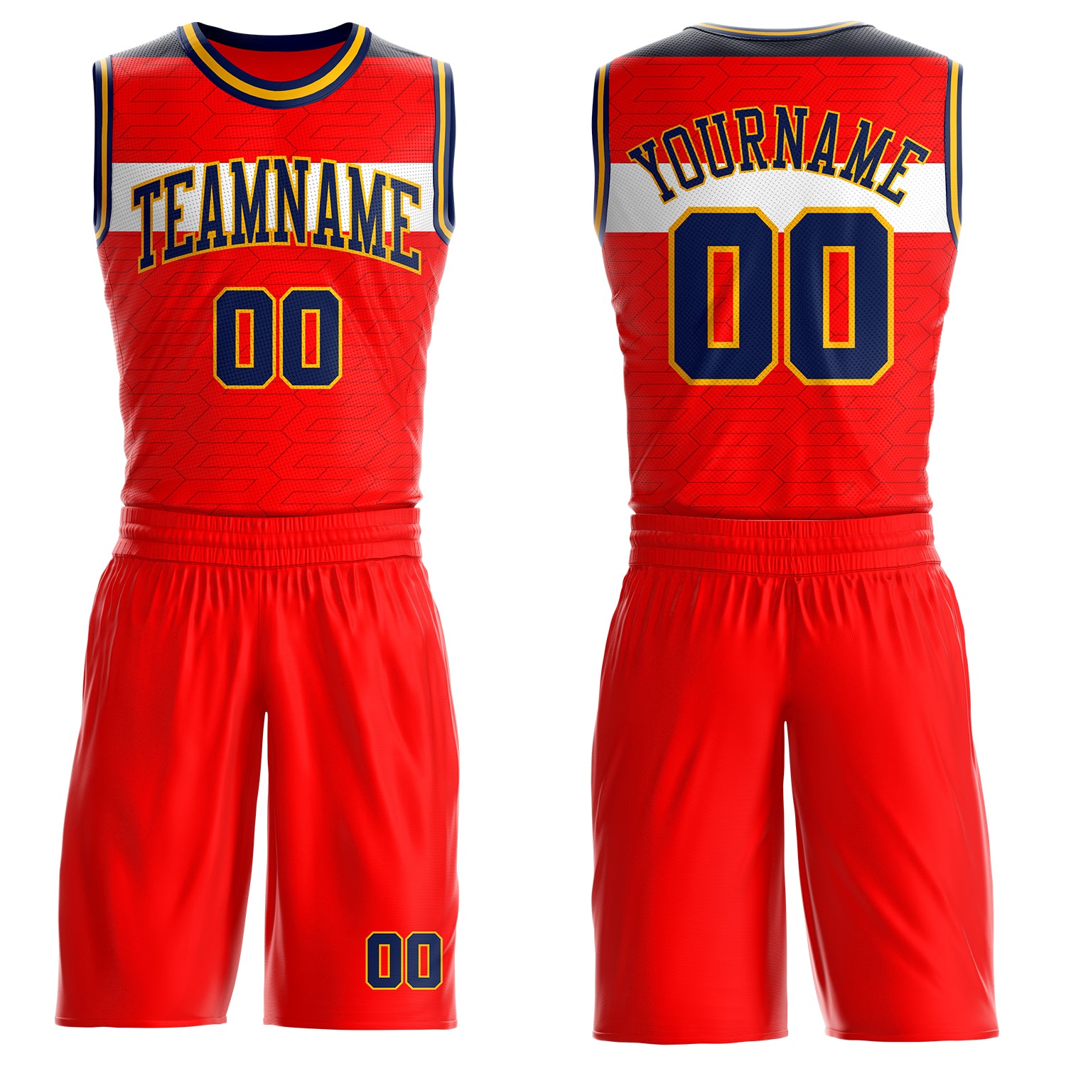 Custom Red Navy White-Gold Geometric Stripe Round Neck Sublimation Basketball Suit Jersey