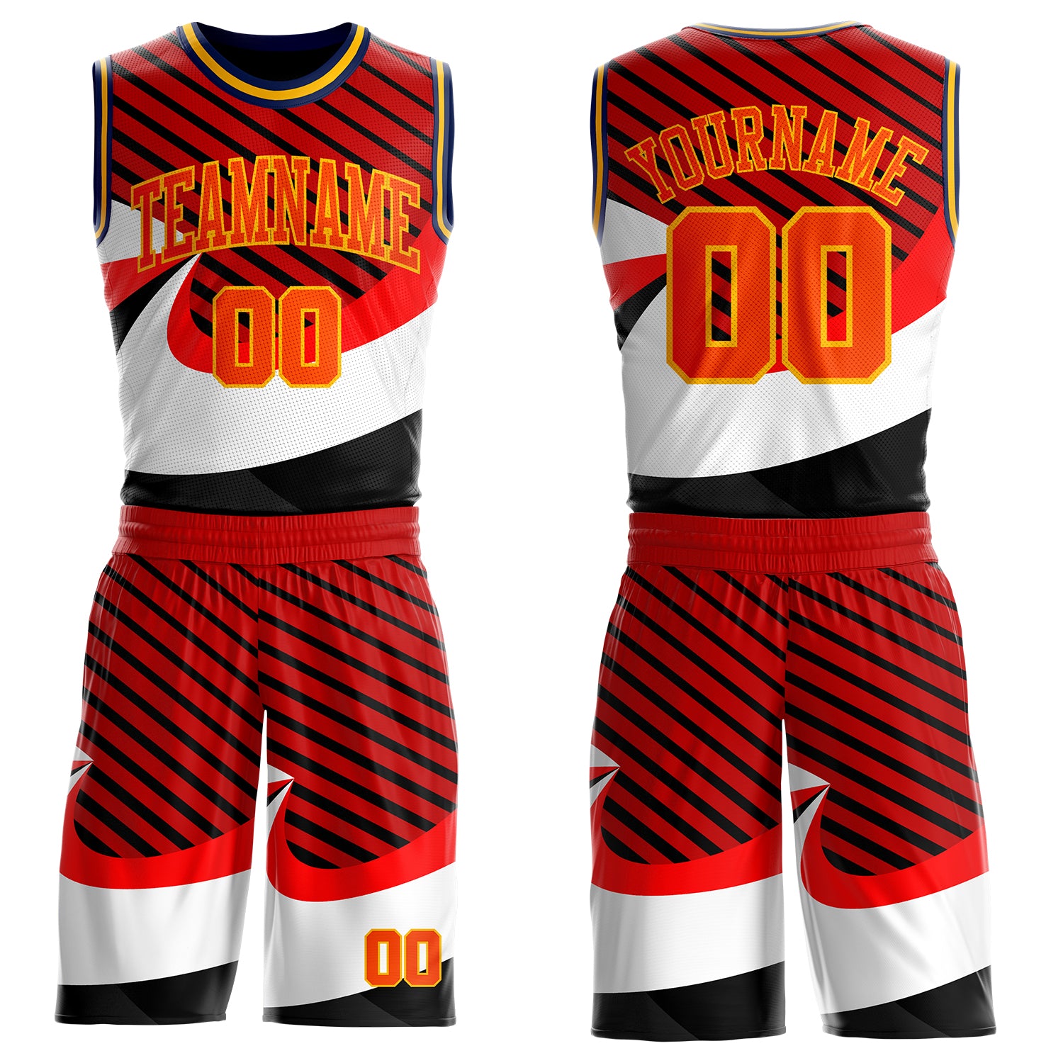 Custom Red Orange Black Gold-Navy Wave Stripe Round Neck Sublimation Basketball Suit Jersey
