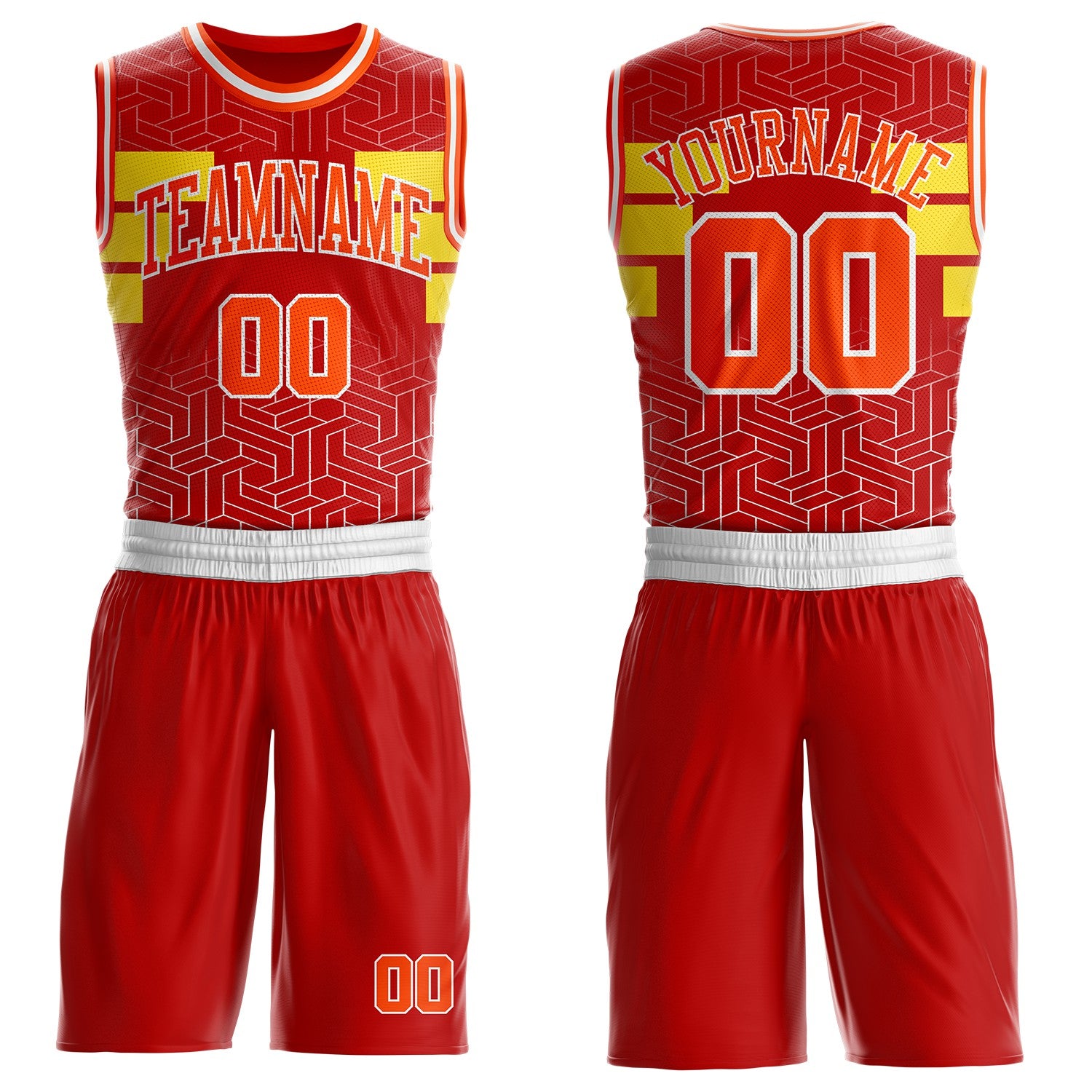 Custom Red Orange Yellow-White Geometric Maze Stripe Round Neck Sublimation Basketball Suit Jersey
