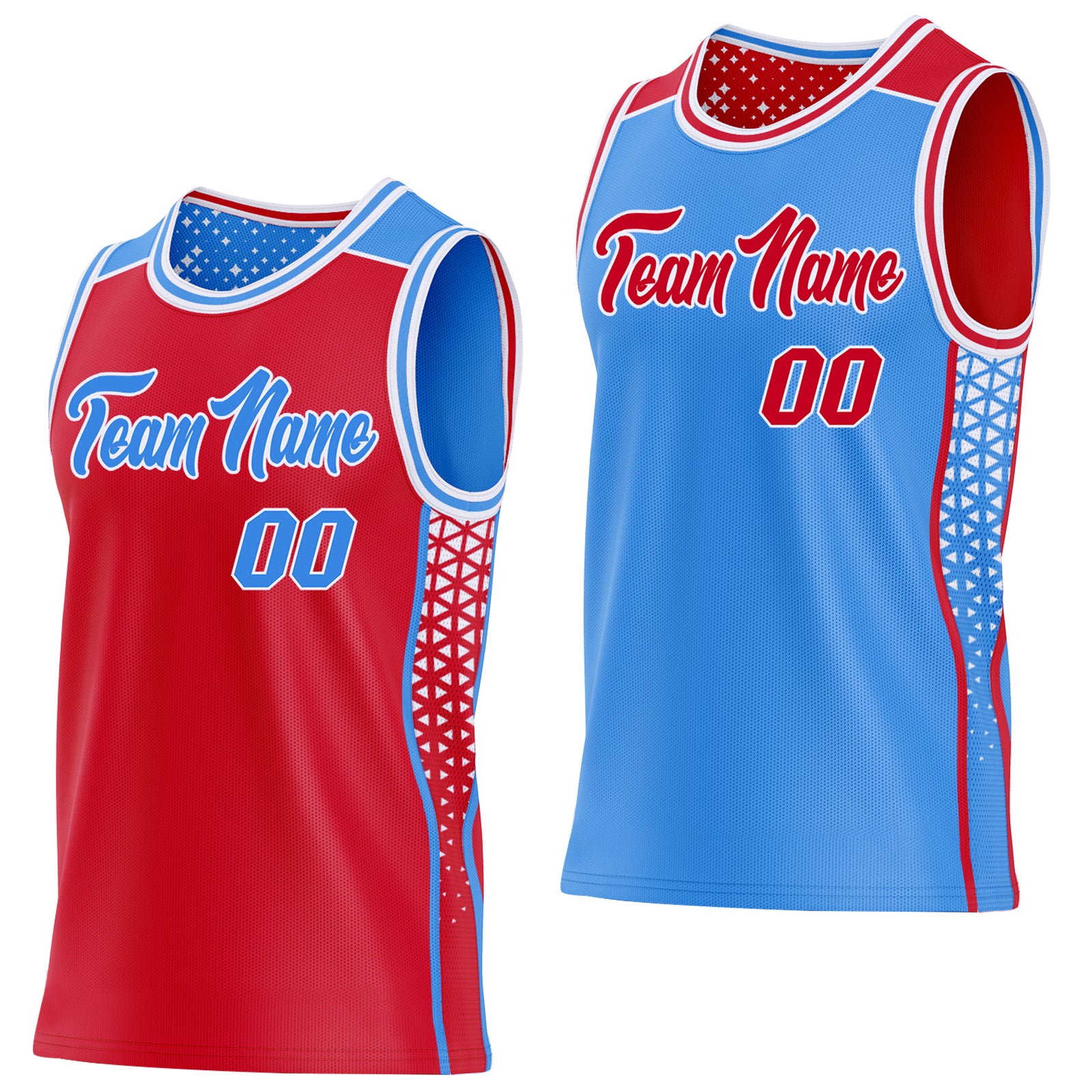 Custom Red Powder Blue-White Side Panel Stripe Geometric Triangle Gradient Dot Reversible Double Side Sublimation Basketball Set Jersey