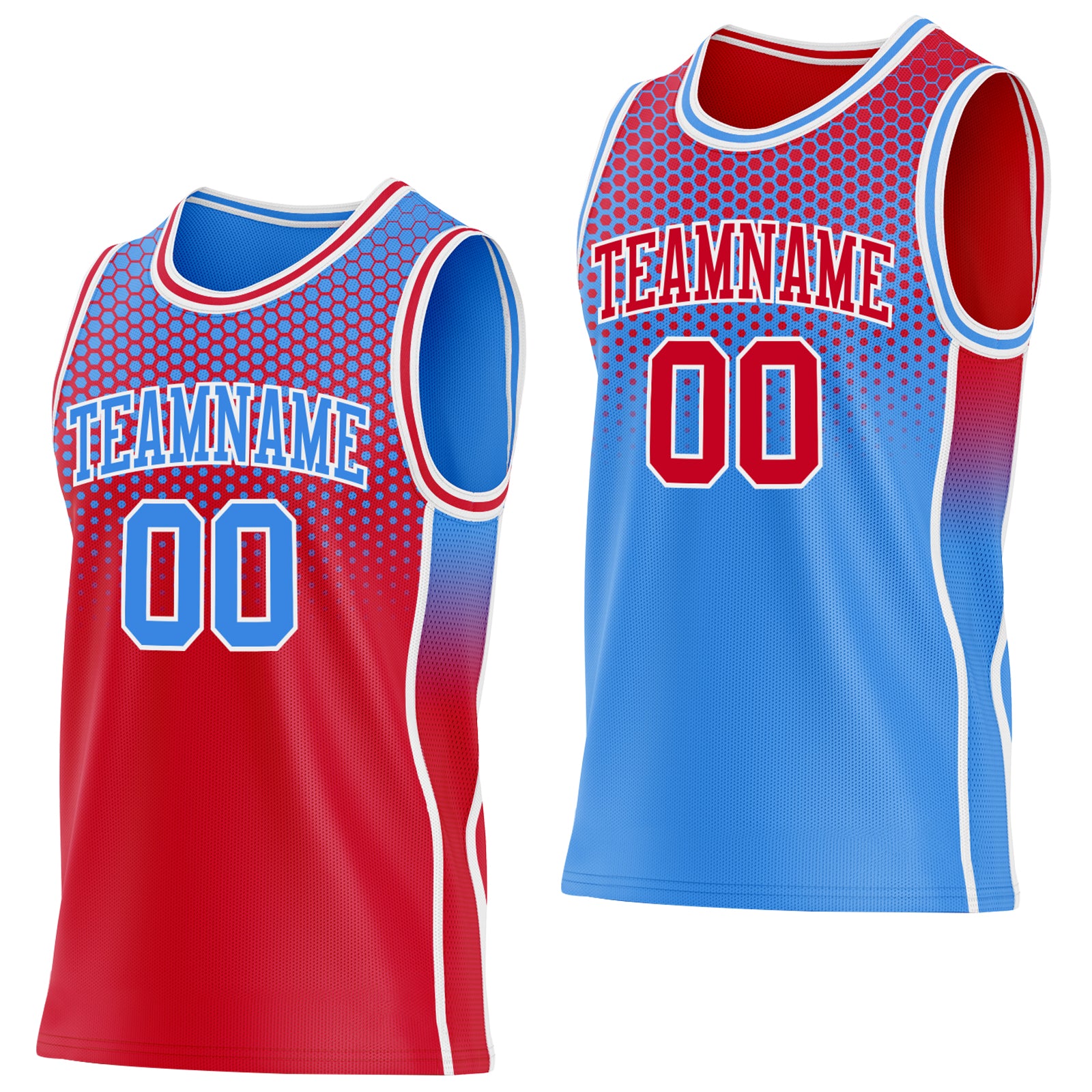 Custom Red Powder Blue-White Side Panel Stripe Gradient Geometric Honeycomb Reversible Double Side Sublimation Basketball Set Jersey