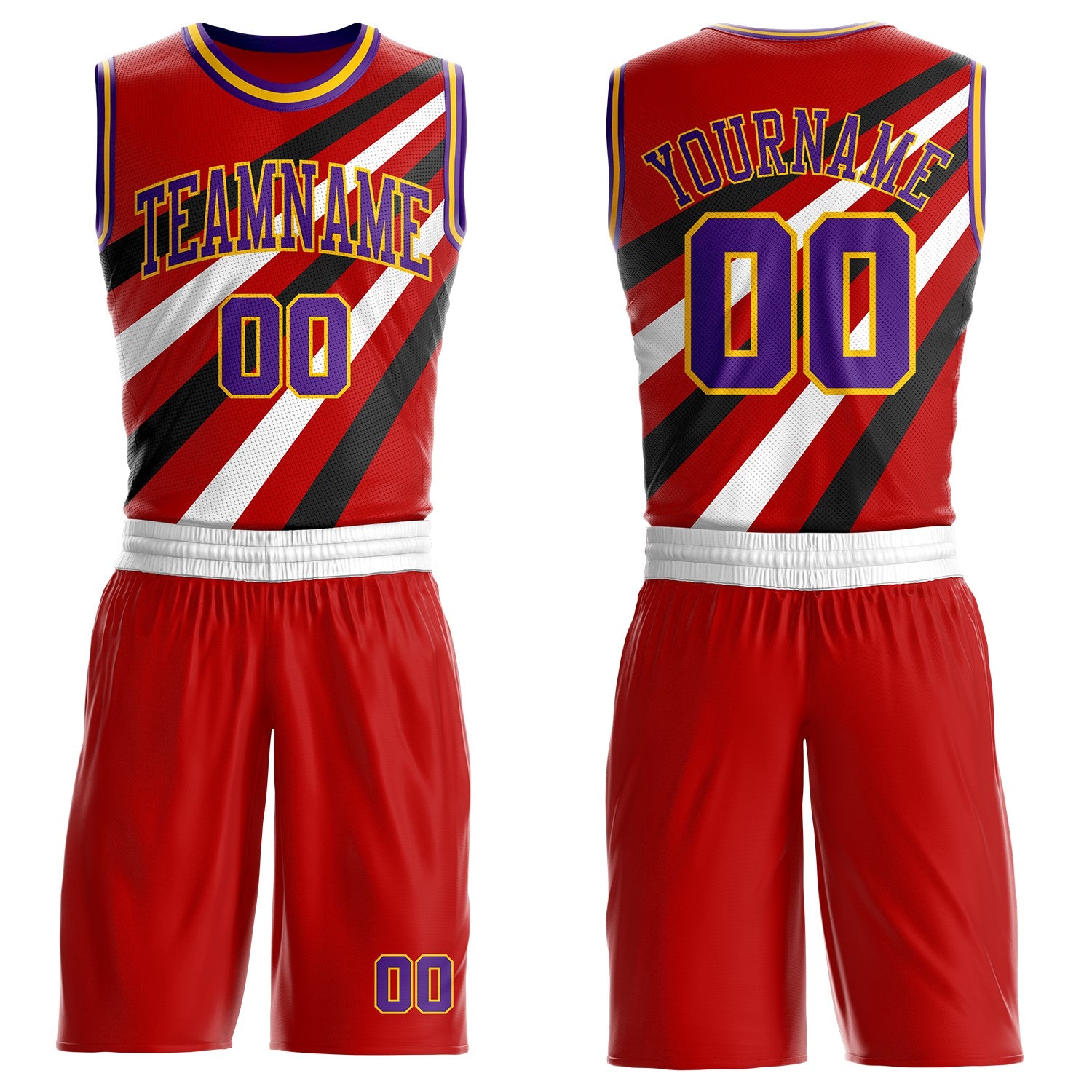 Custom Red Purple Black-Gold Diagonal Stripe Round Neck Sublimation Basketball Suit Jersey