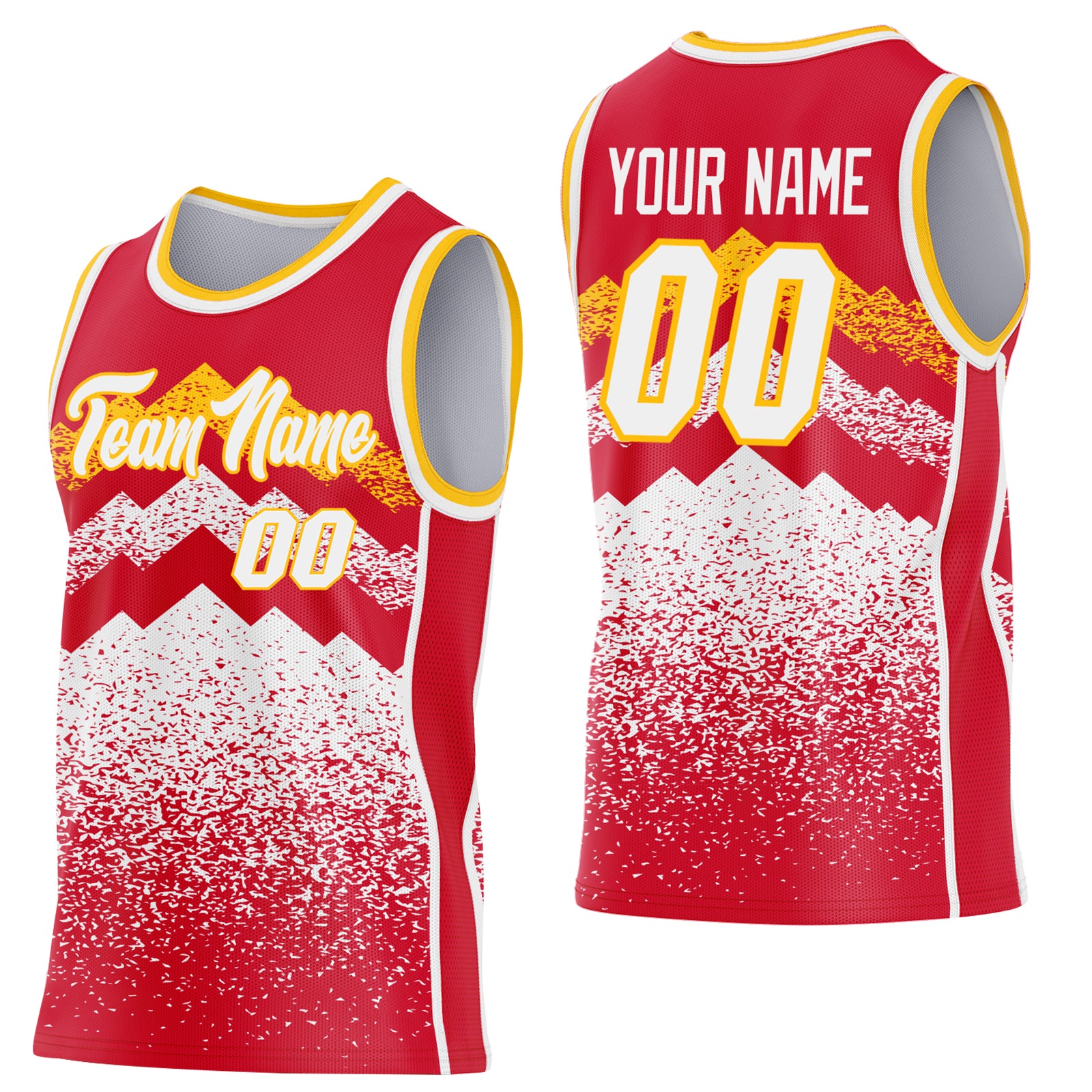 Custom Red White-Gold Mountain Peak Shards Side Panel Stripe Round Neck Sublimation Basketball Set Jersey