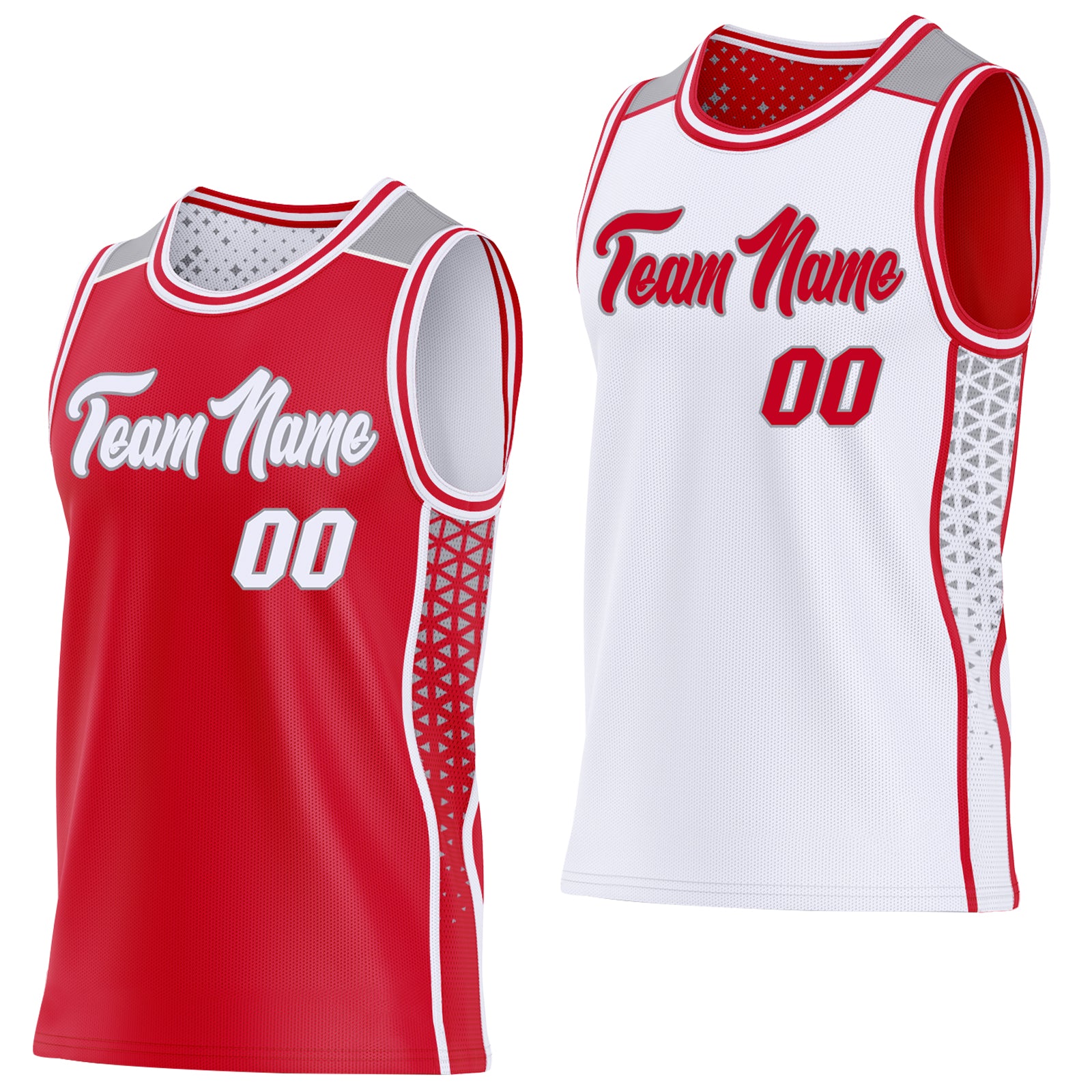 Custom Red White-Gray Side Panel Stripe Geometric Triangle Gradient Dot Reversible Double Side Sublimation Basketball Set Jersey