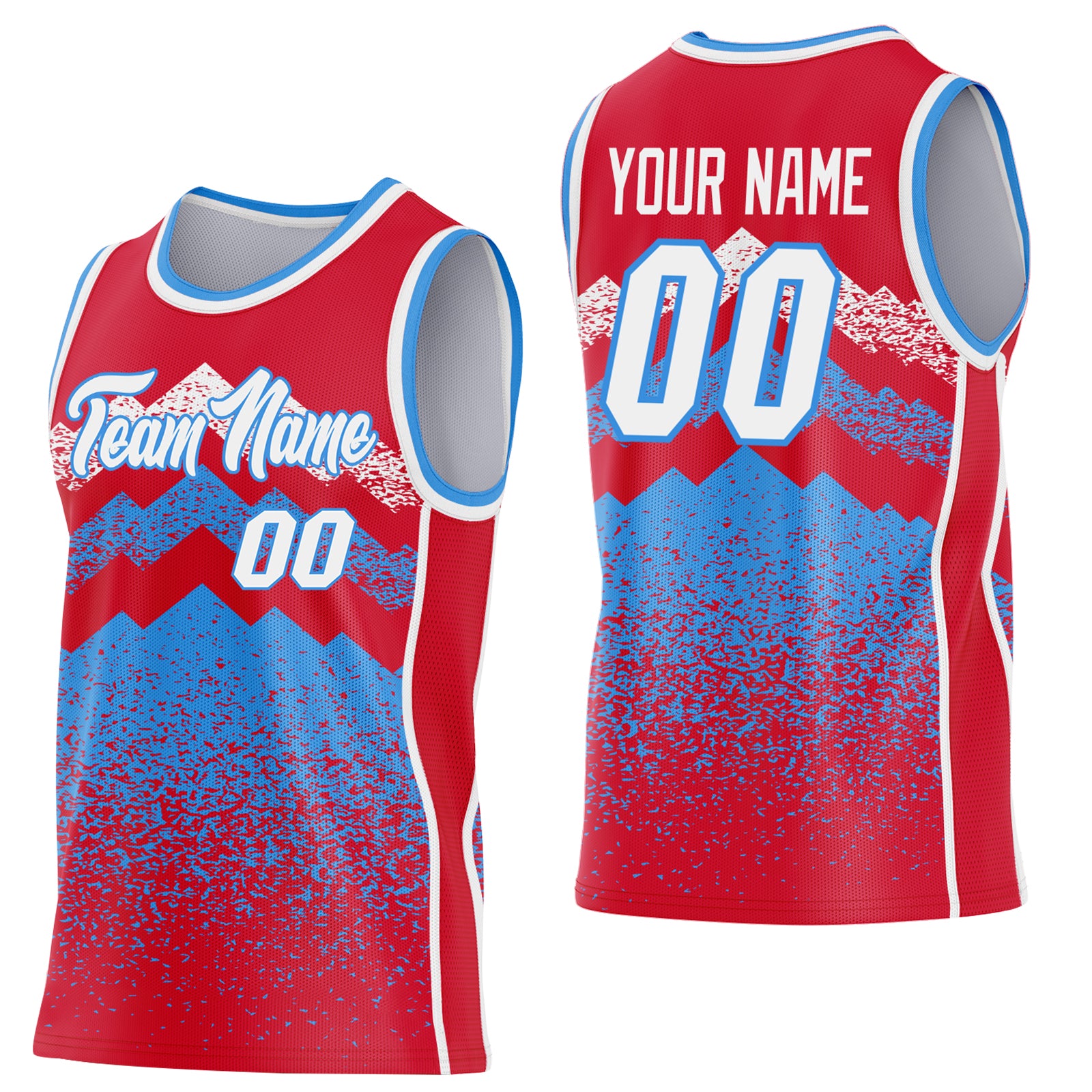 Custom Red White-Powder Blue Mountain Peak Shards Side Panel Stripe Round Neck Sublimation Basketball Set Jersey