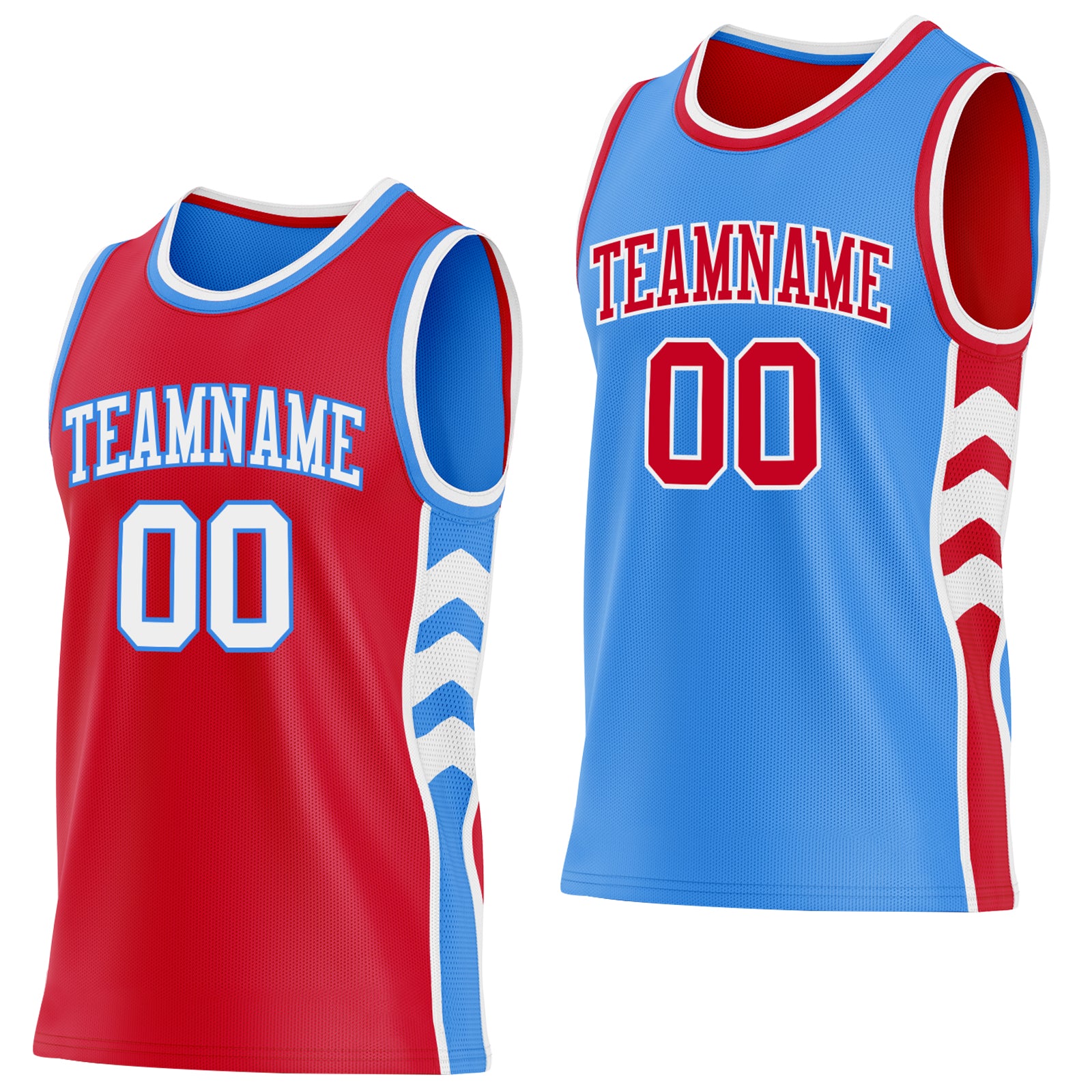 Custom Red White-Powder Blue Side Panel Geometric Chevron Reversible Double Side Sublimation Basketball Set Jersey