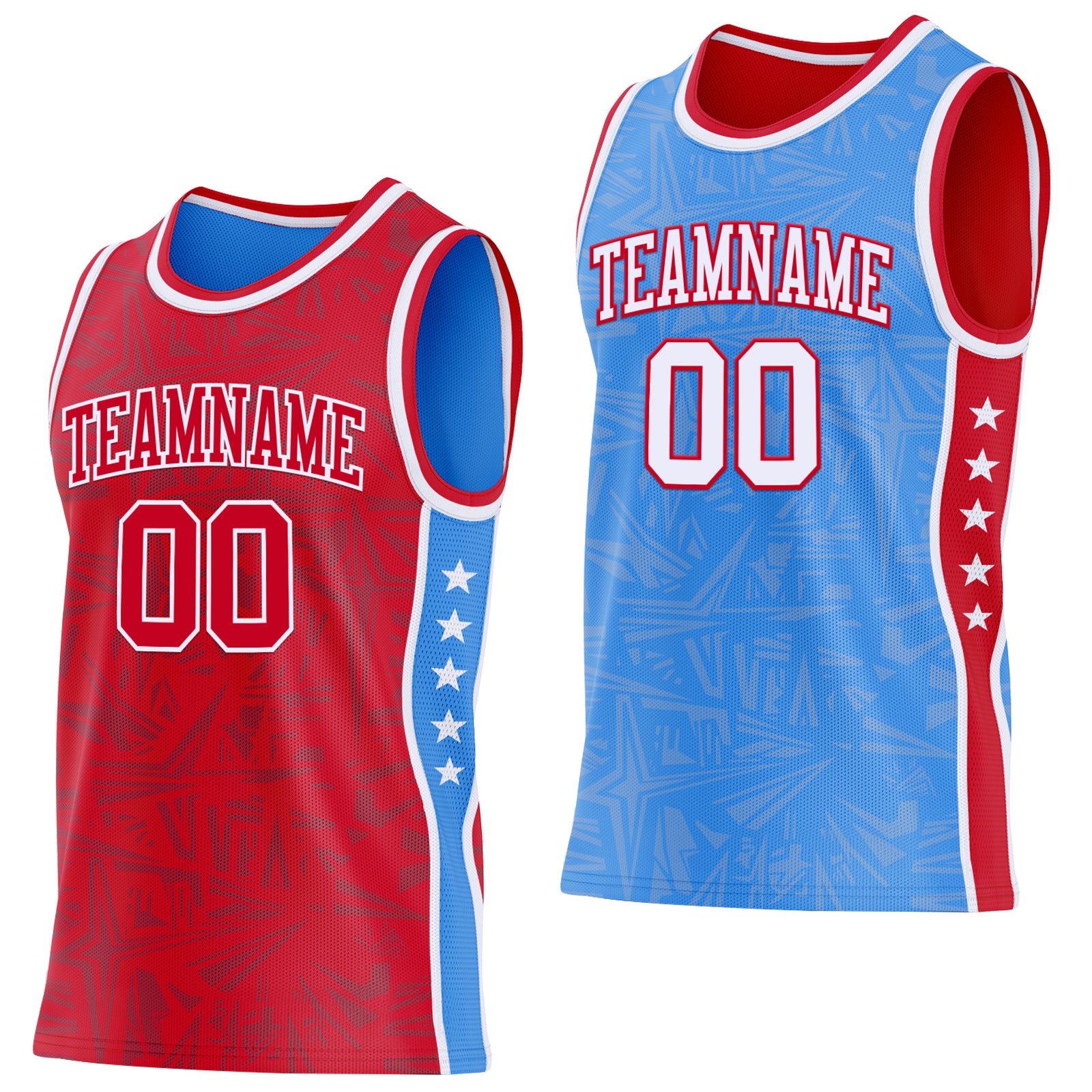 Custom Red White-Powder Blue Side Panel Stripe Stars Geometric Shatter Starburst Reversible Double Side Sublimation Basketball Set Jersey