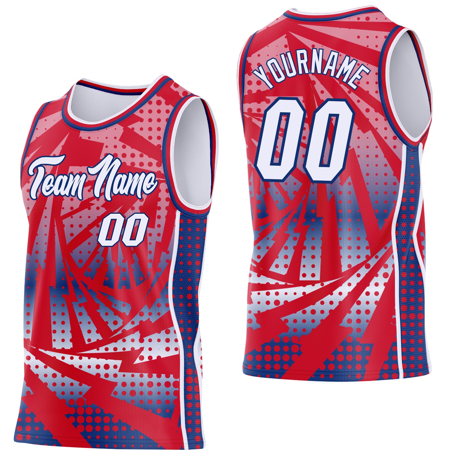 Custom Red White-Royal Lightning Gradient Dot Side Panel Stripe Round Neck Sublimation Basketball Set Jersey