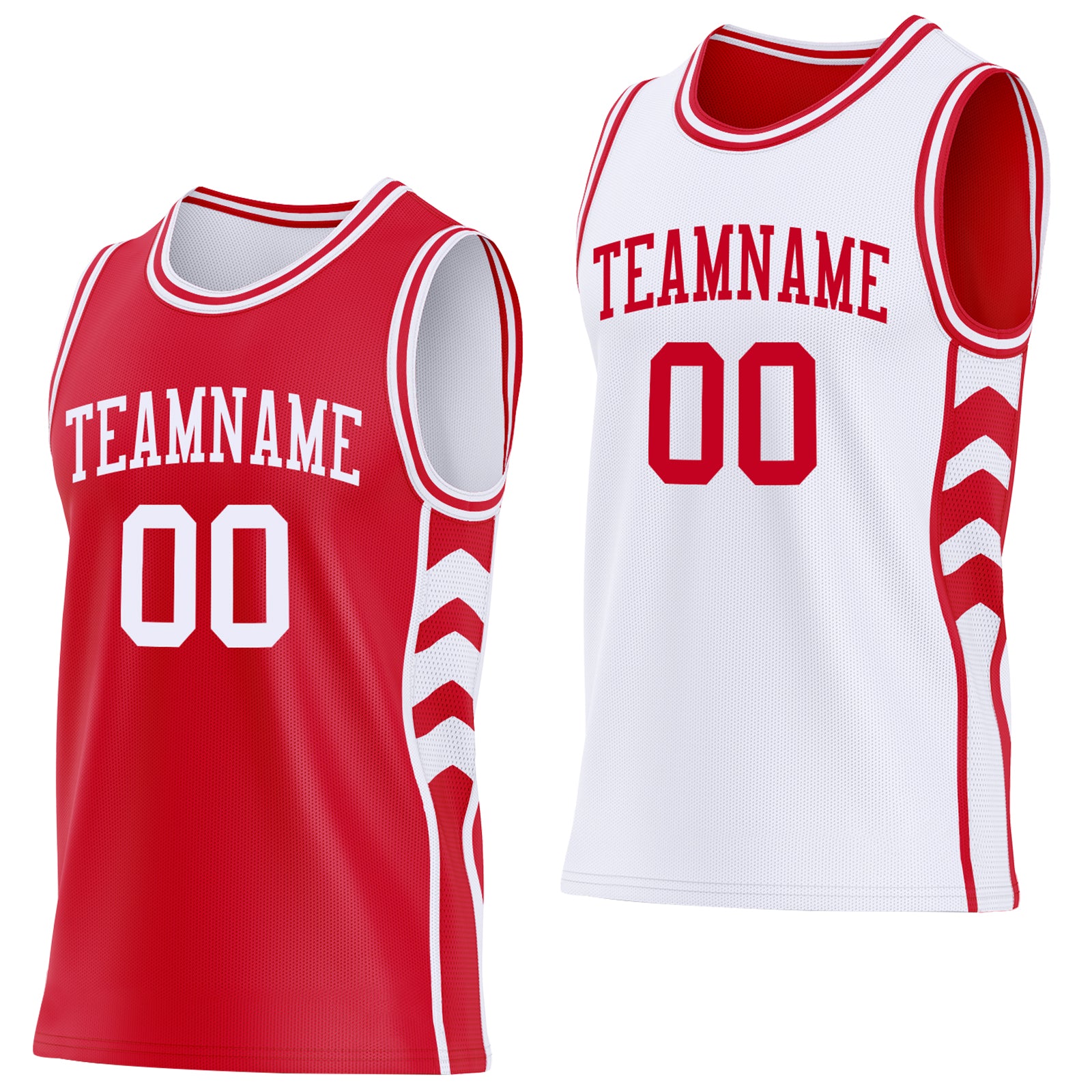 Custom Red-White Side Panel Geometric Chevron Reversible Double Side Sublimation Basketball Set Jersey