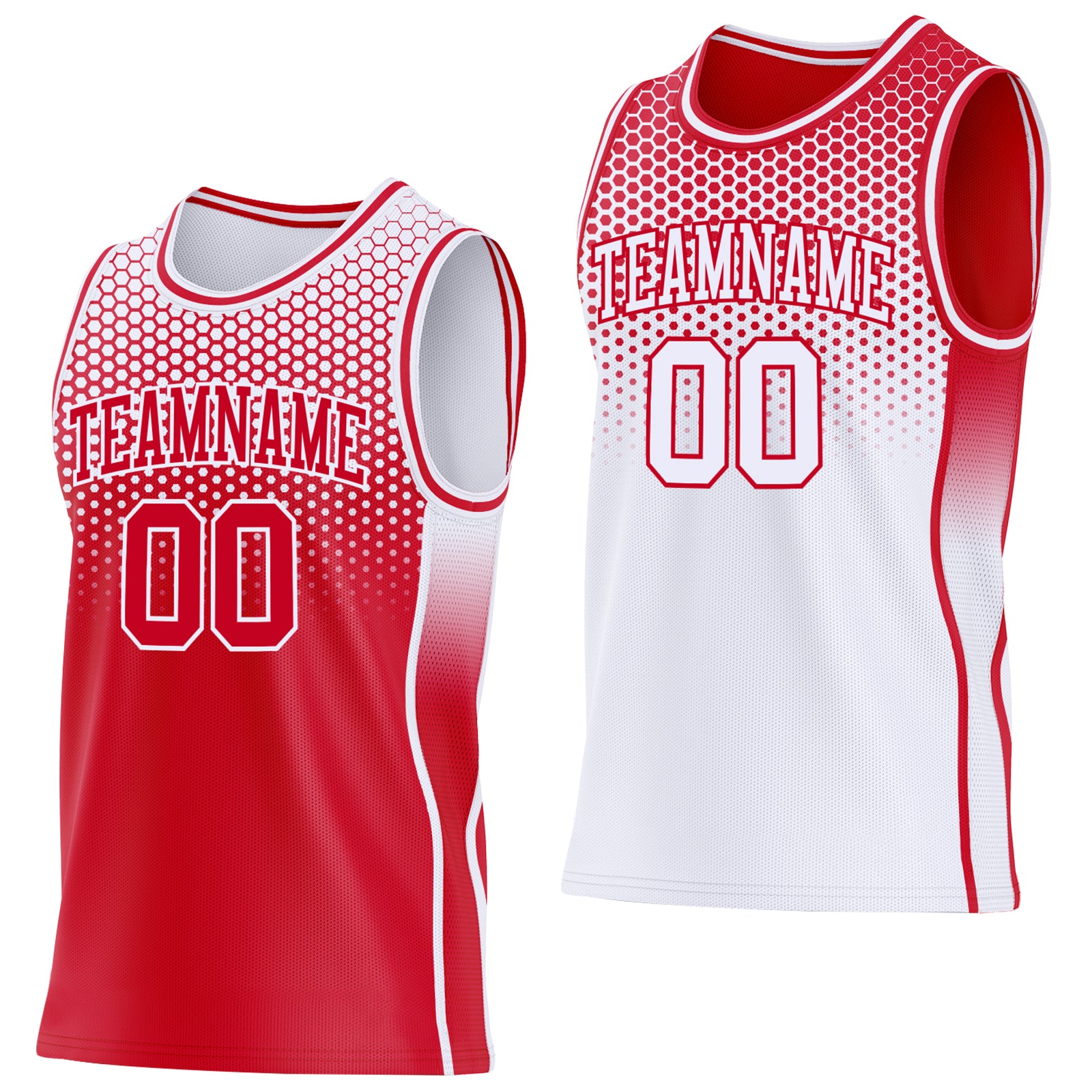 Custom Red-White Side Panel Stripe Gradient Geometric Honeycomb Reversible Double Side Sublimation Basketball Set Jersey