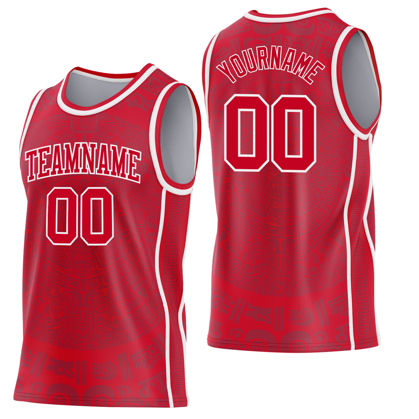 Custom Red-White Tribal Ethnic Aztec Sun Stone Side Panel Stripe Round Neck Sublimation Basketball Set Jersey