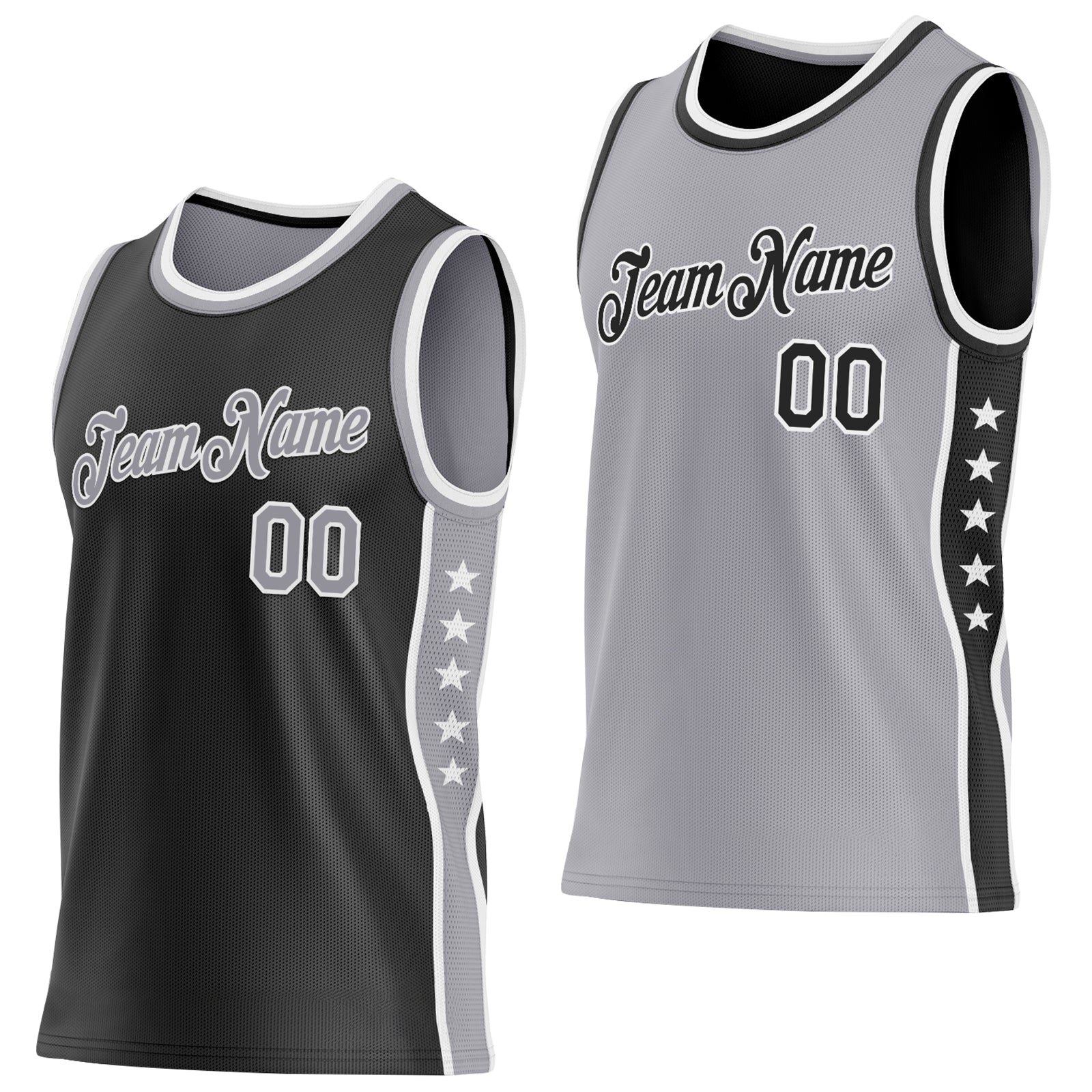 Custom Reversible Black Gray-White Double Side Star Sublimation Basketball Suit Jersey