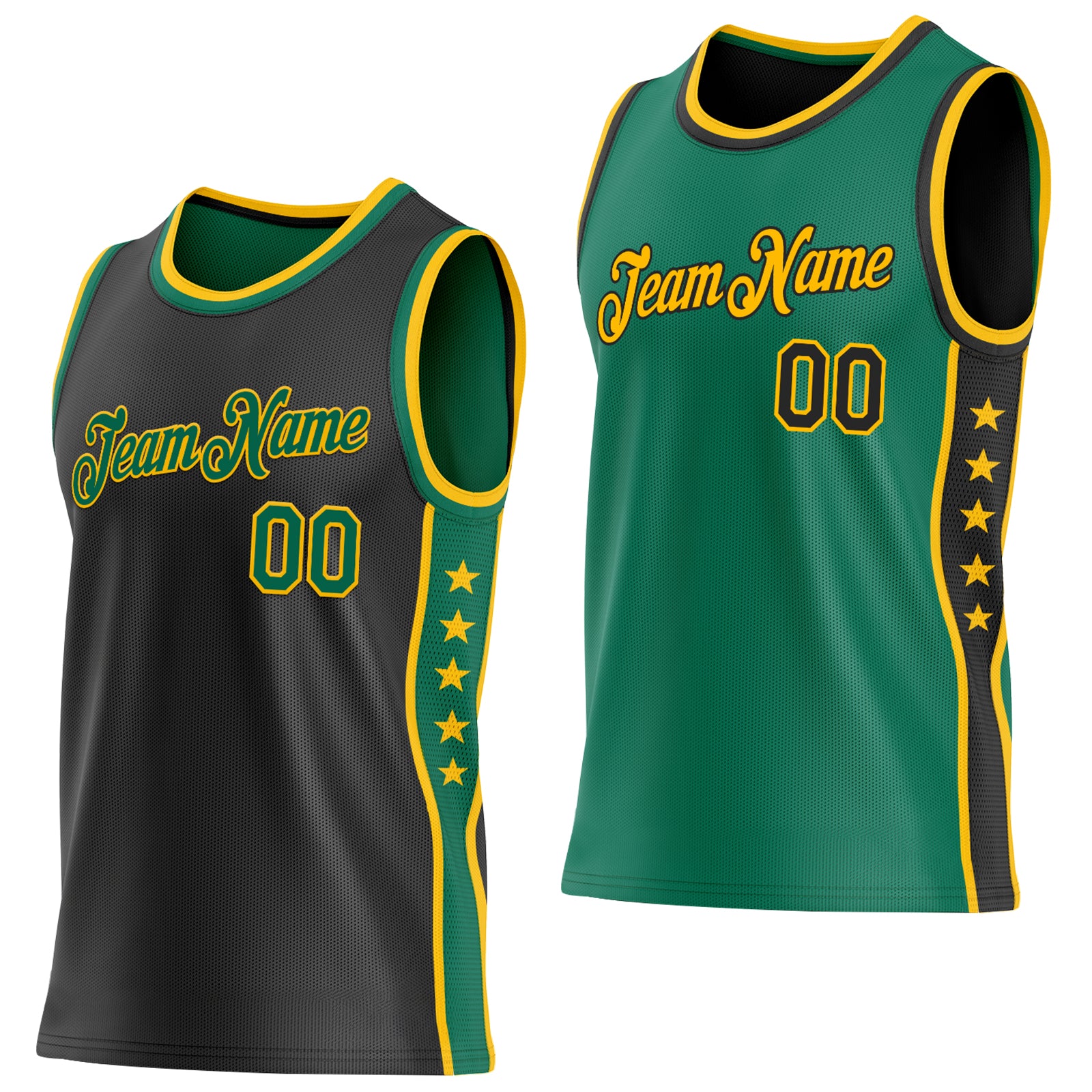Custom Reversible Black Kelly Green-Gold Double Side Star Sublimation Basketball Suit Jersey