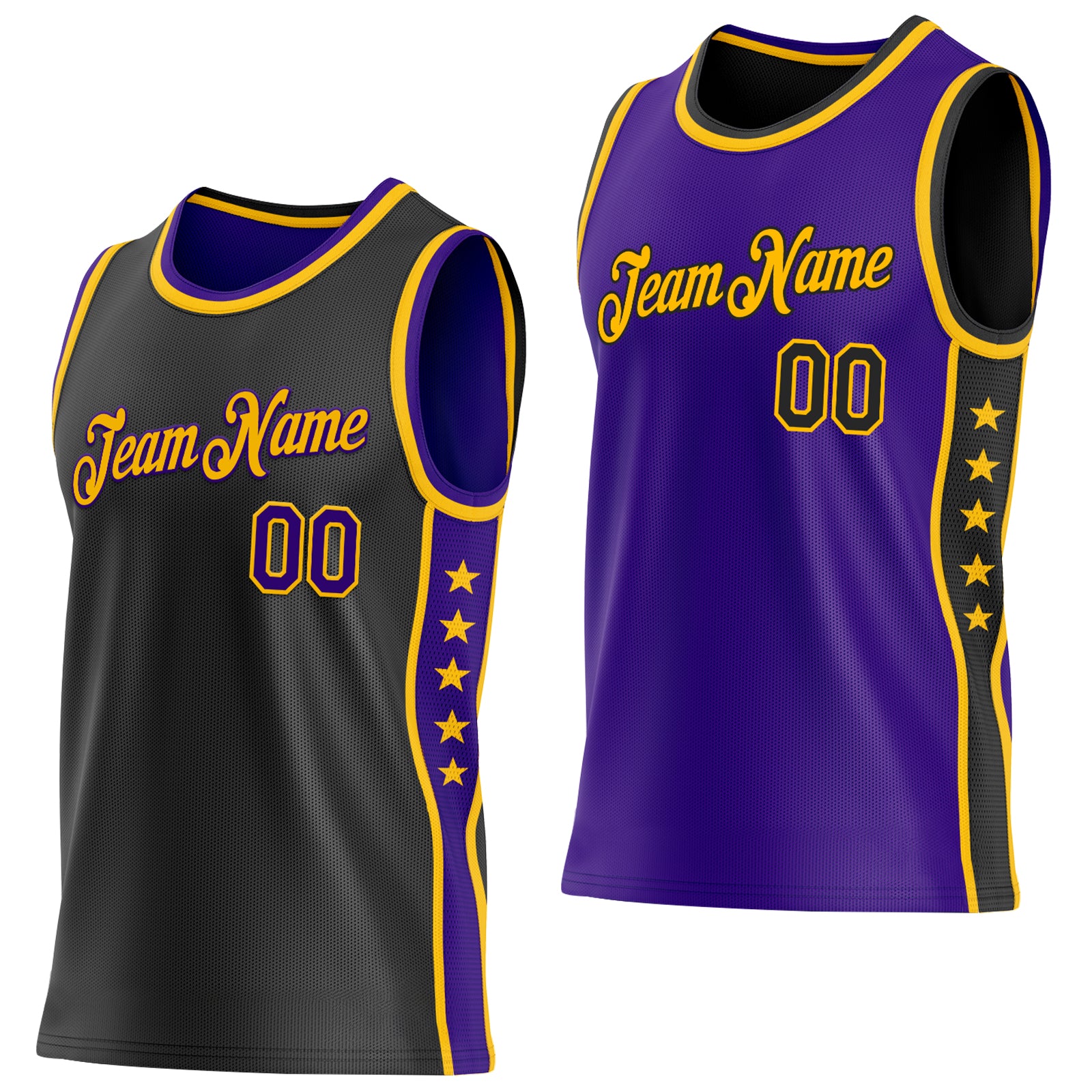 Custom Reversible Black Purple-Gold Double Side Star Sublimation Basketball Suit Jersey