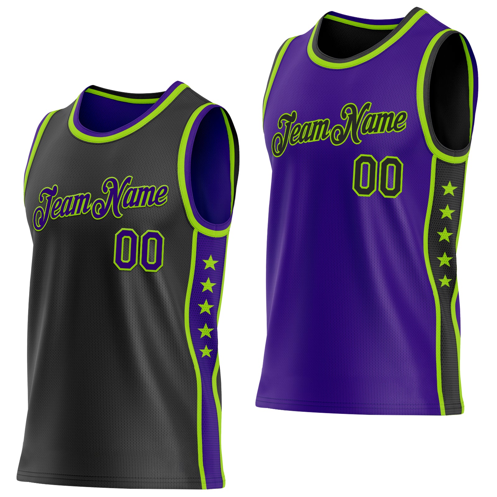 Custom Reversible Black Purple-Neon Green Double Side Star Sublimation Basketball Suit Jersey