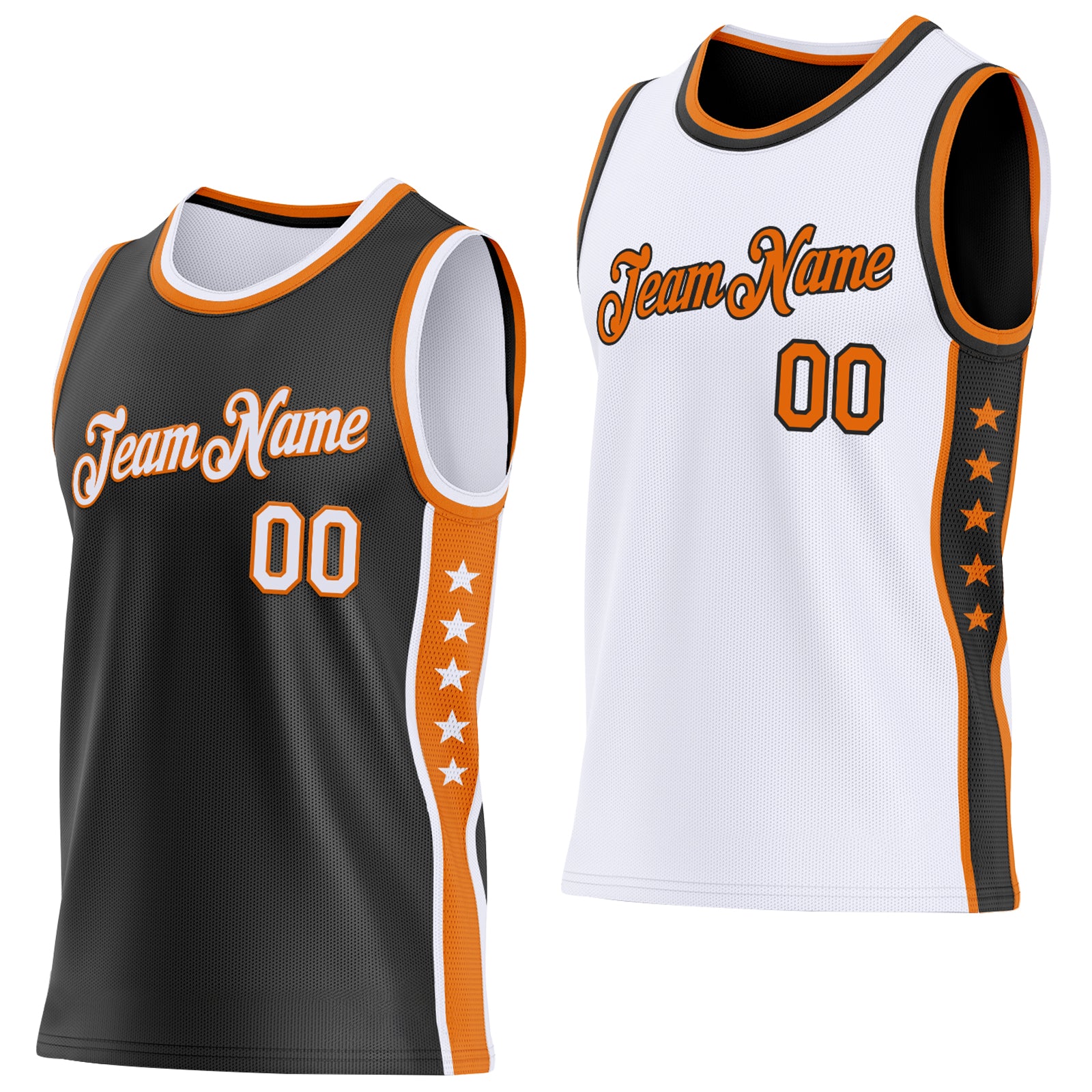 Custom Reversible Black White-Bay Orange Double Side Star Sublimation Basketball Suit Jersey